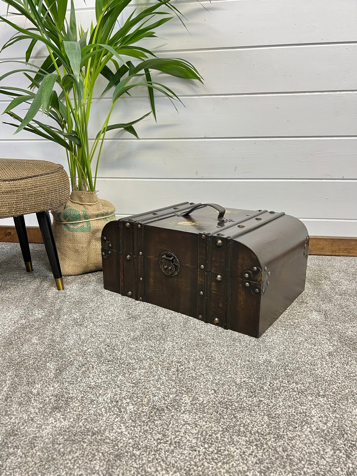 Vintage Wooden Trunk Chest Dome Top Vanity Box Rustic Boho Home Storage Decor