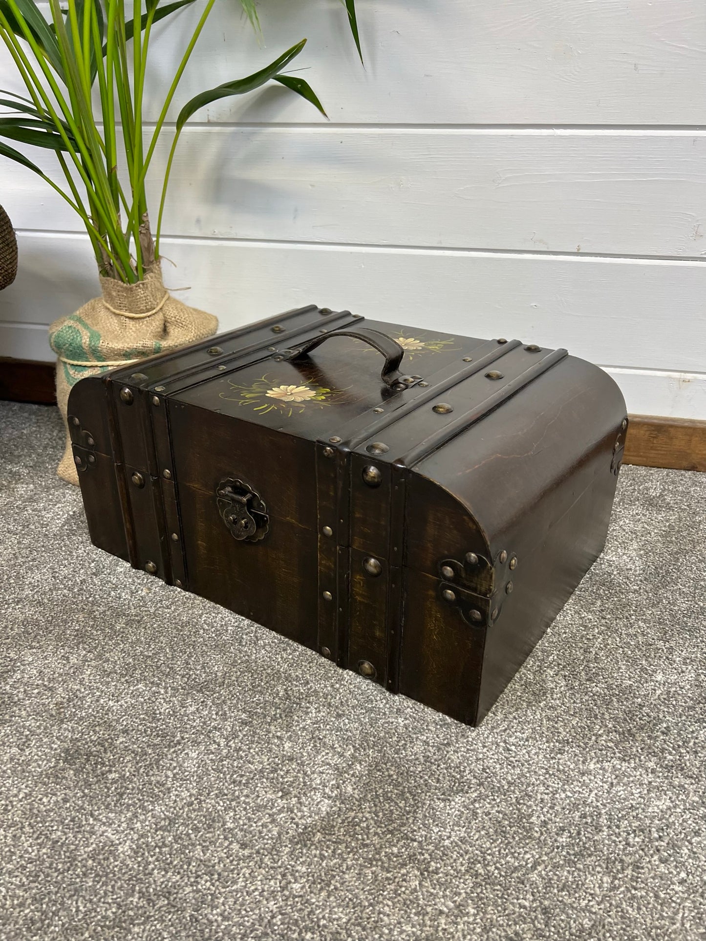 Vintage Wooden Trunk Chest Dome Top Vanity Box Rustic Boho Home Storage Decor