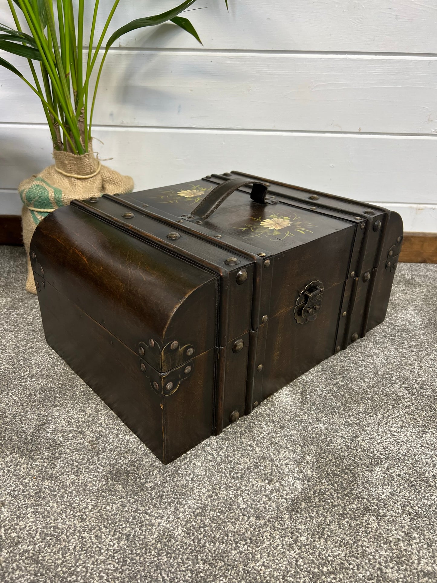 Vintage Wooden Trunk Chest Dome Top Vanity Box Rustic Boho Home Storage Decor