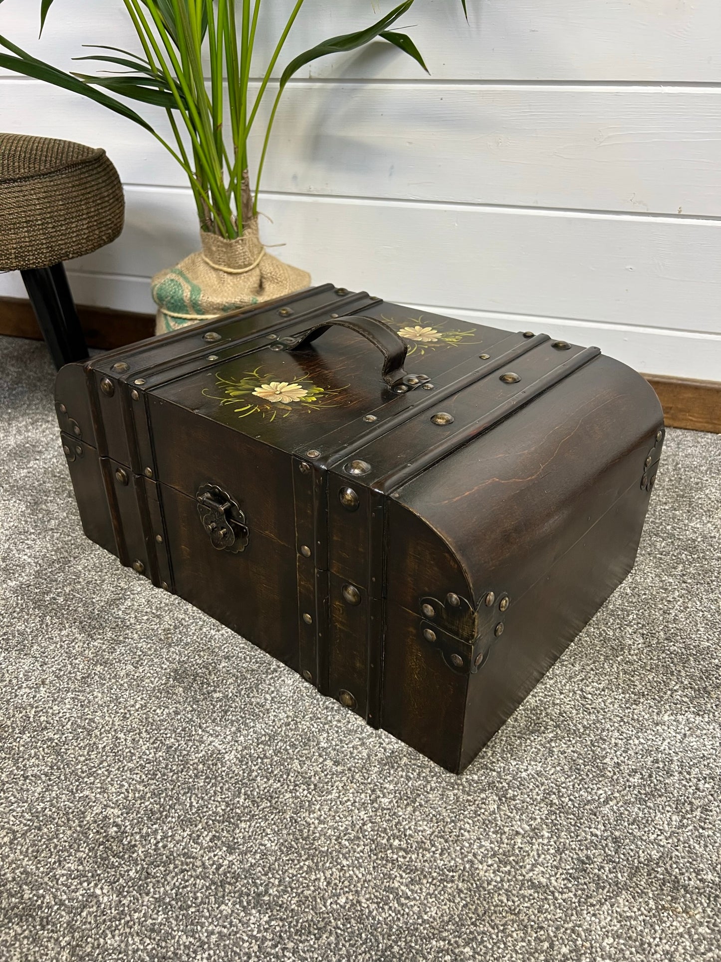 Vintage Wooden Trunk Chest Dome Top Vanity Box Rustic Boho Home Storage Decor