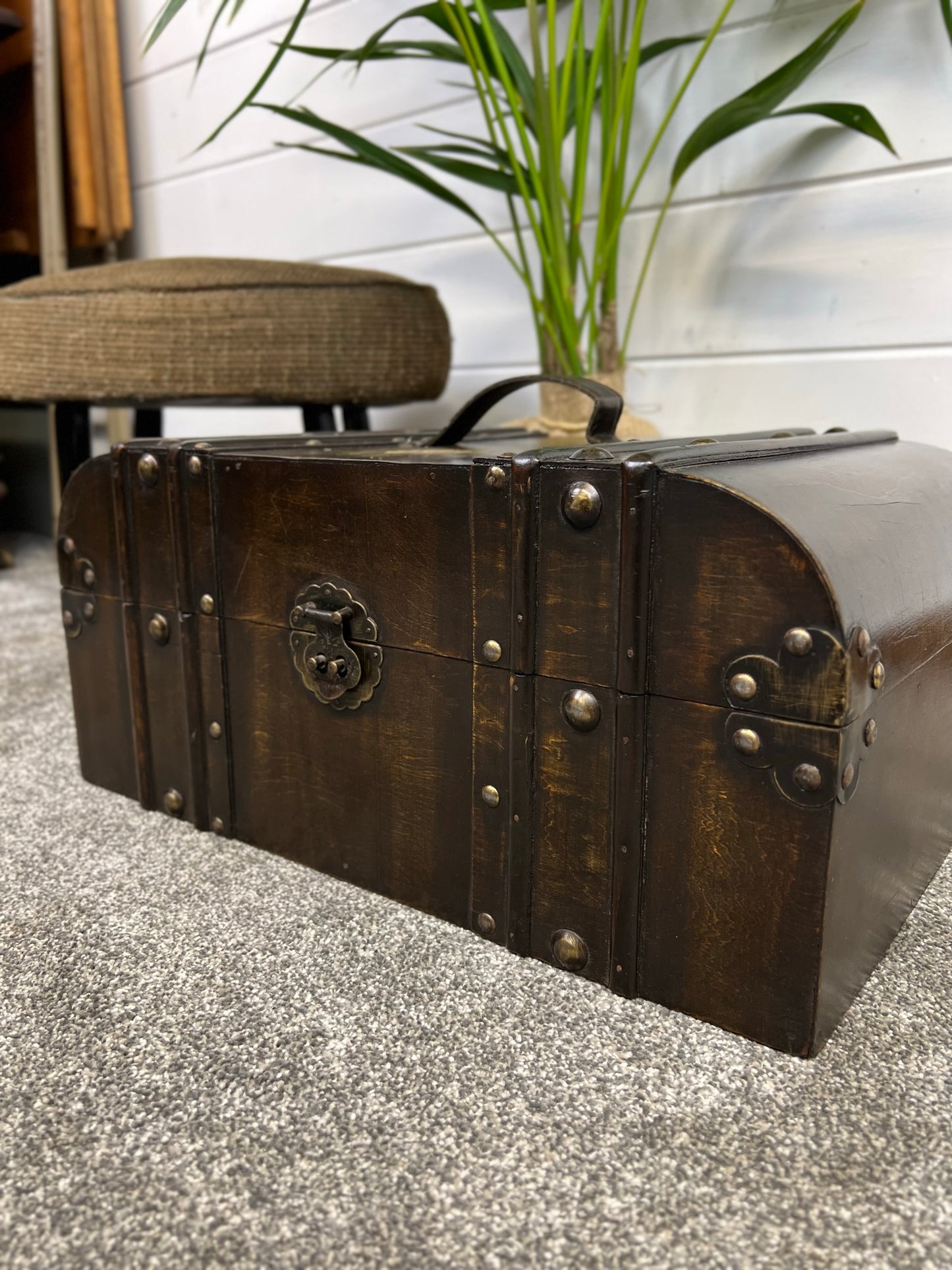 Vintage Wooden Trunk Chest Dome Top Vanity Box Rustic Boho Home Storage Decor
