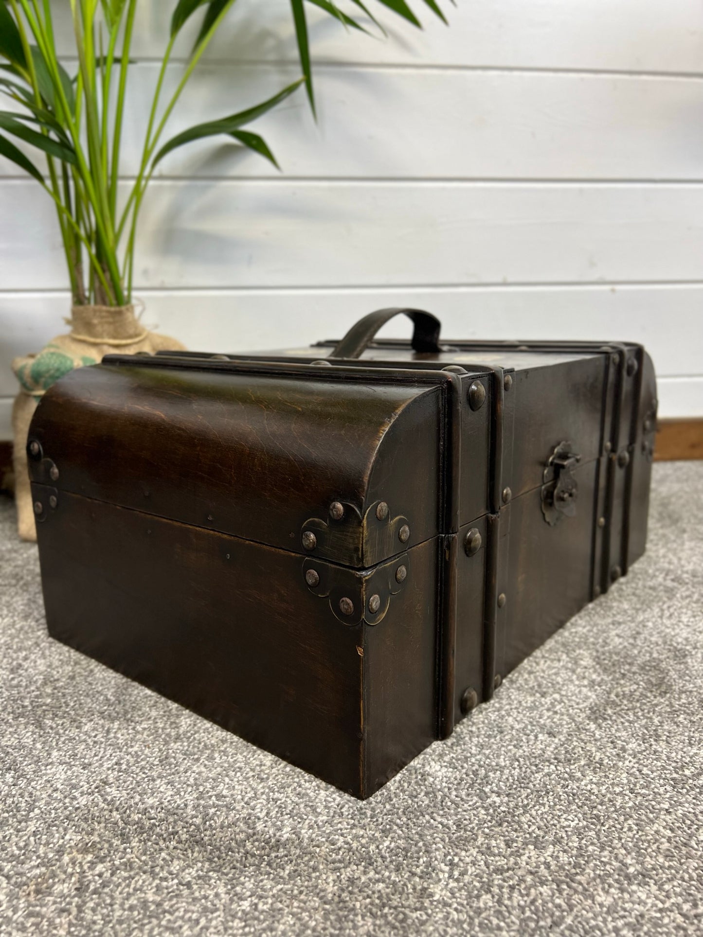 Vintage Wooden Trunk Chest Dome Top Vanity Box Rustic Boho Home Storage Decor