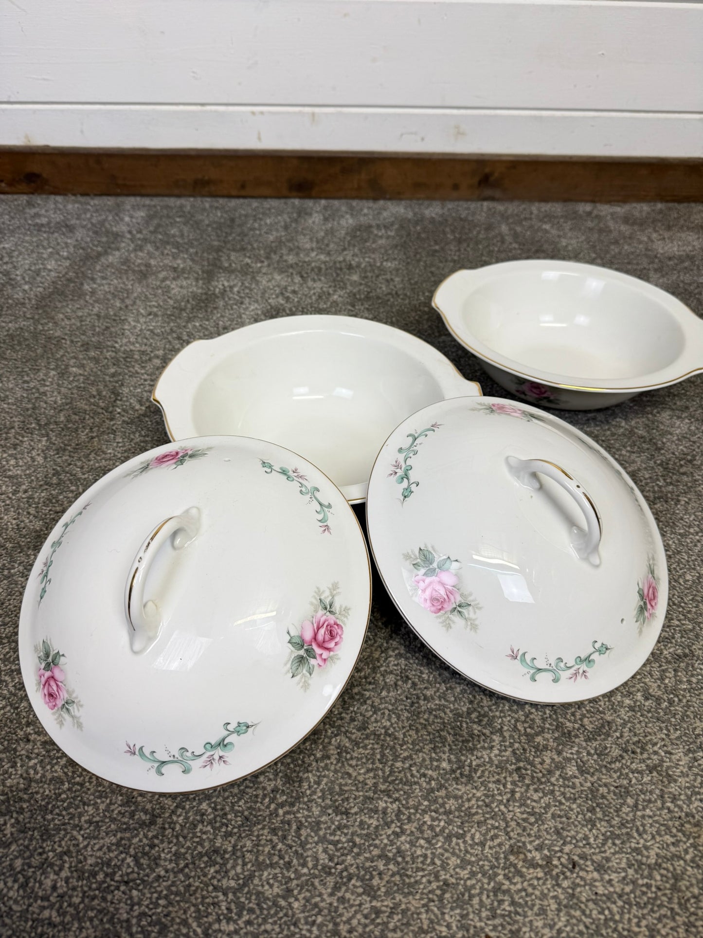 Vintage Royal Grafton Fine Bone China Vegetable Tureen Pink Rose 2x Lidded Serving Dishes