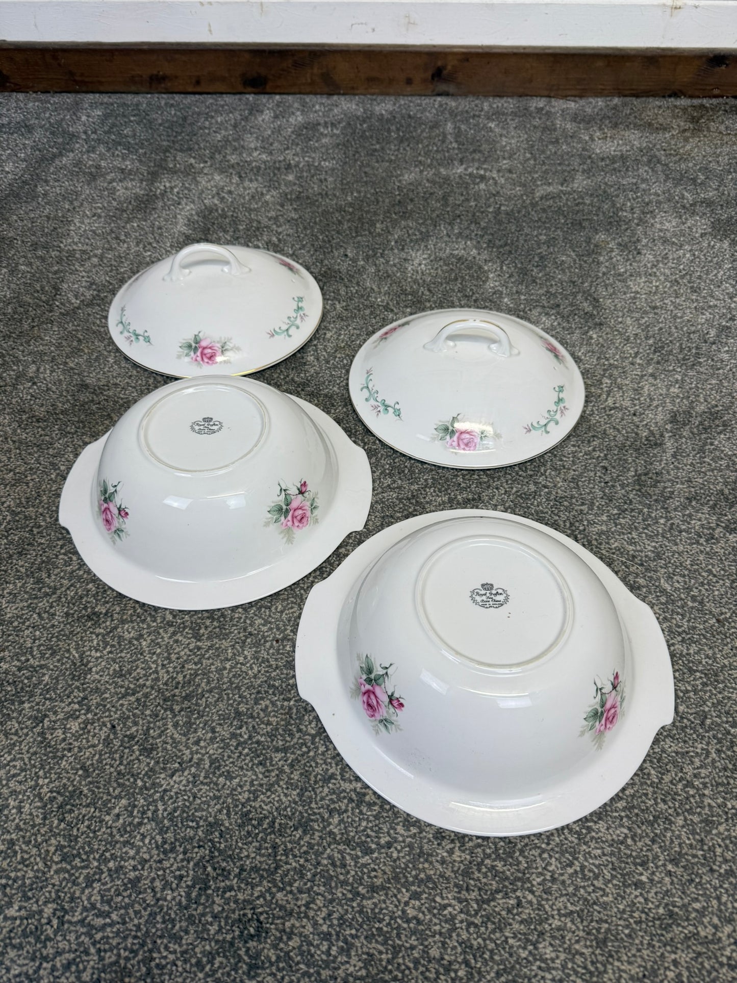 Vintage Royal Grafton Fine Bone China Vegetable Tureen Pink Rose 2x Lidded Serving Dishes