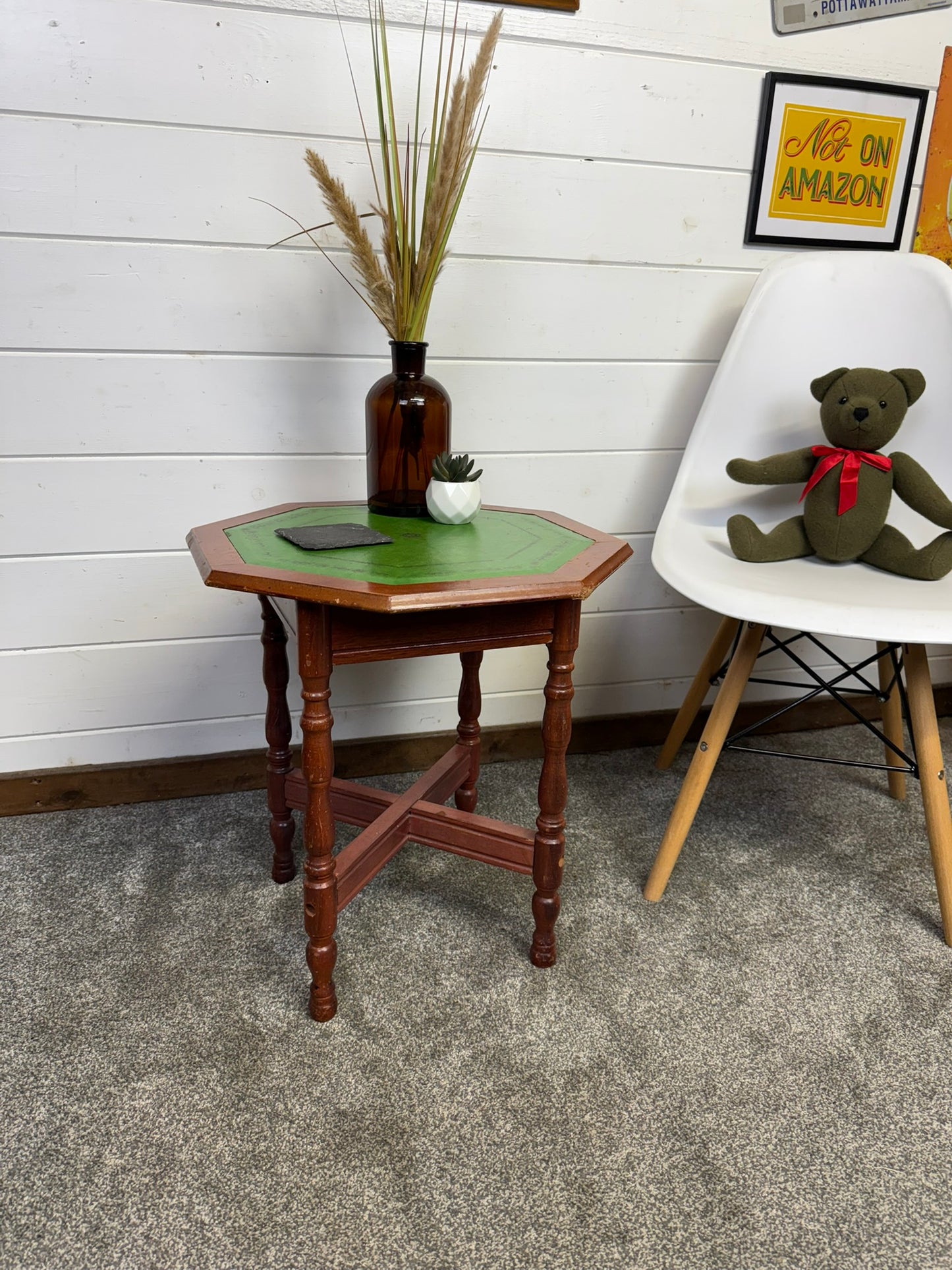 Vintage Occasional Green Leather Top Wine Table Mid Century Side Table