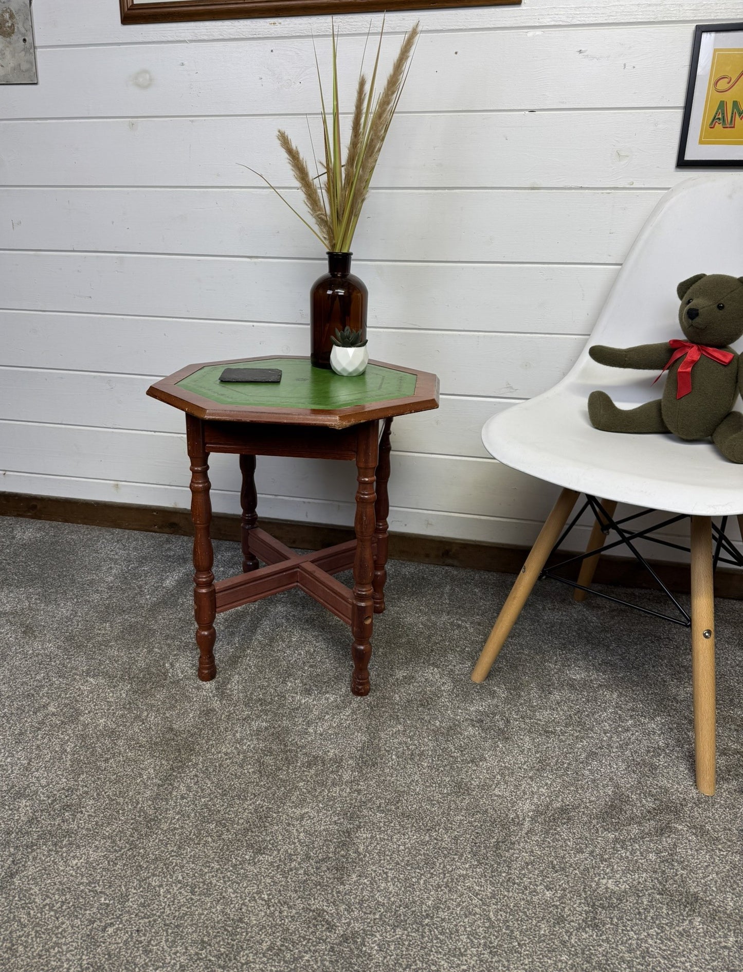 Vintage Occasional Green Leather Top Wine Table Mid Century Side Table