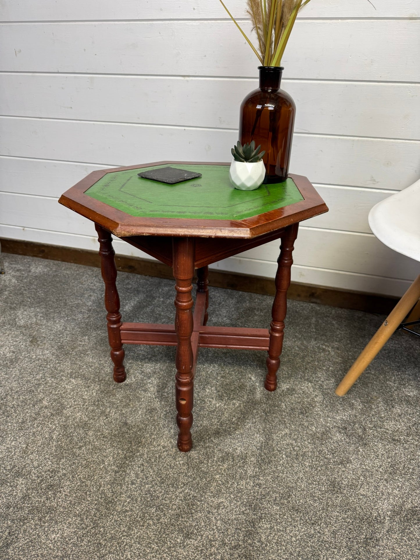 Vintage Occasional Green Leather Top Wine Table Mid Century Side Table