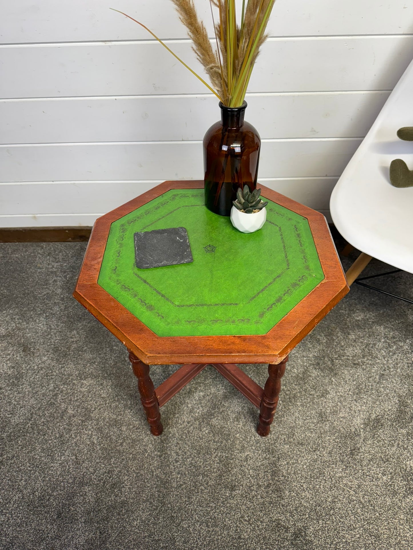 Vintage Occasional Green Leather Top Wine Table Mid Century Side Table