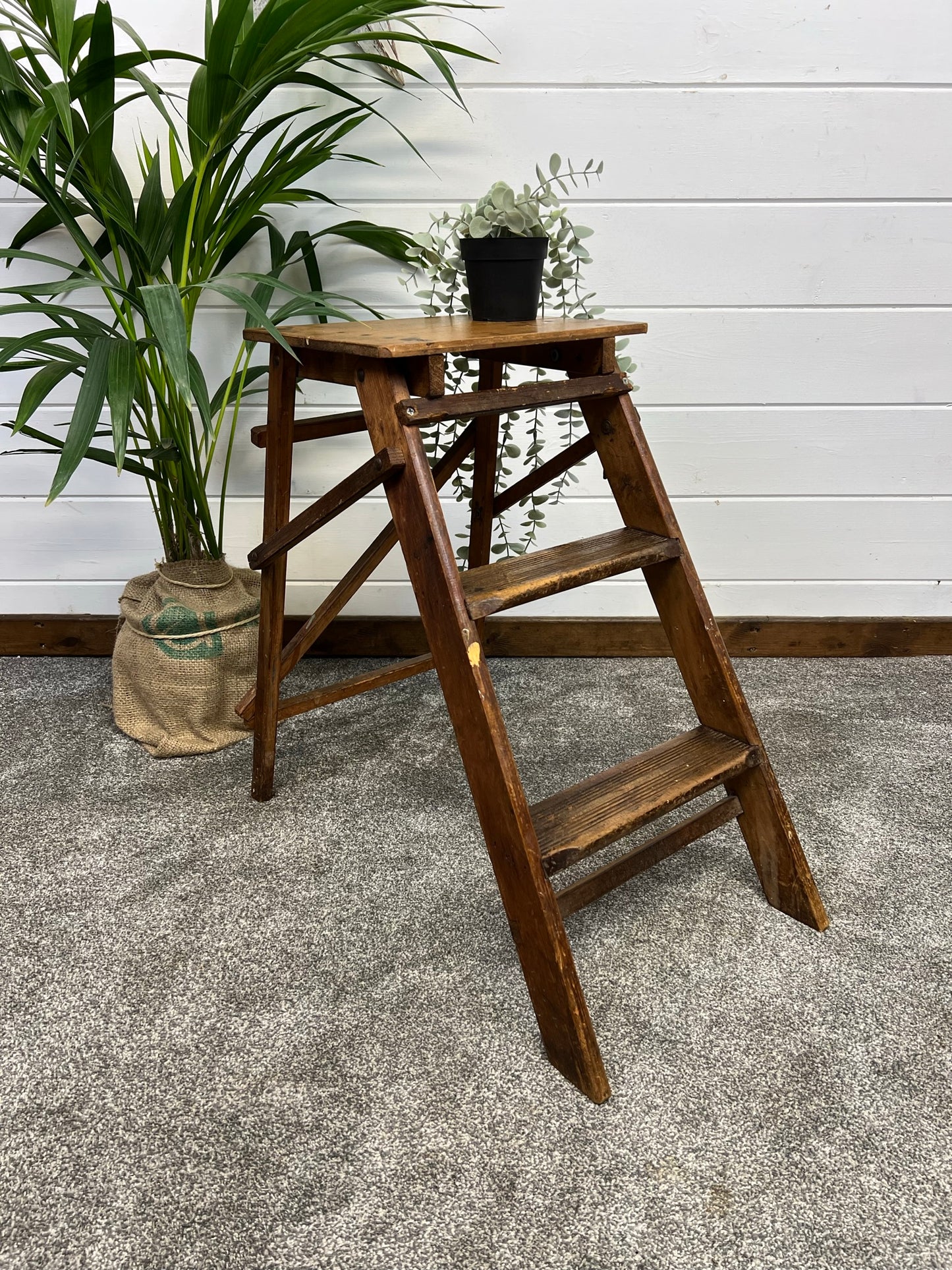Vintage Folding Wooden Step Stool Rustic Industrial Pantry Larder Steps Farmhouse Decor