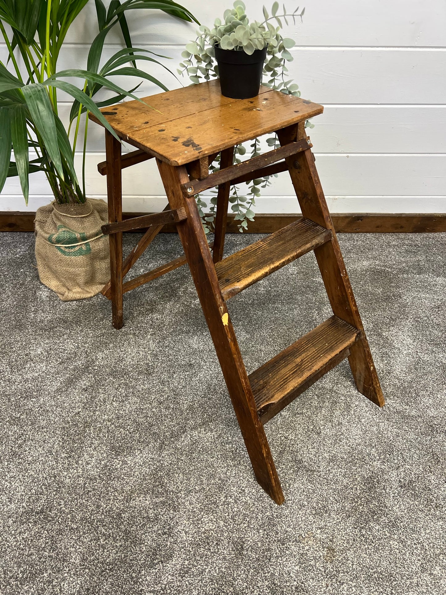 Vintage Folding Wooden Step Stool Rustic Industrial Pantry Larder Steps Farmhouse Decor