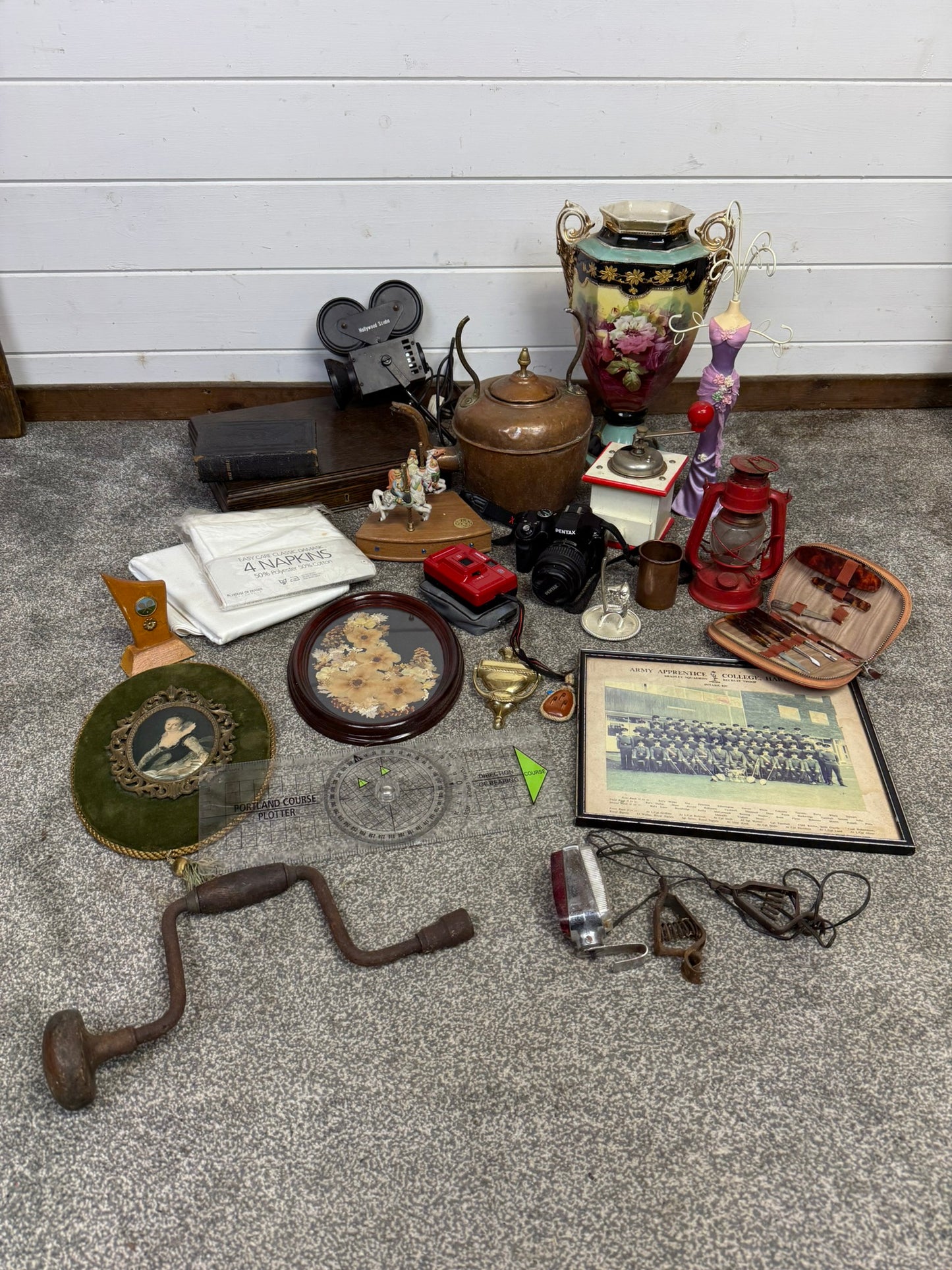 Vintage Job Lot Copper Kettle Lamp Frames Cameras Vase Home Decor Prop