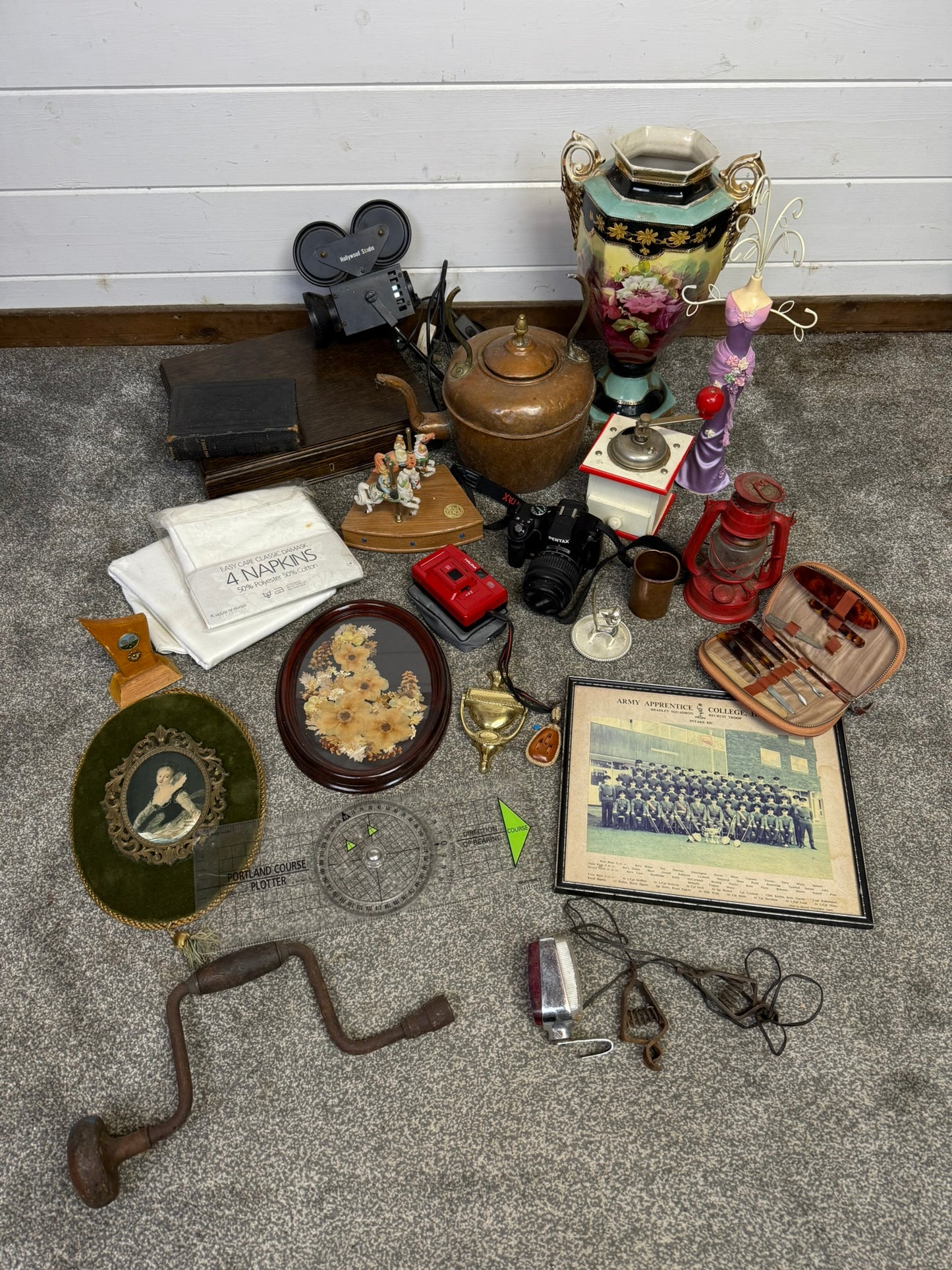 Vintage Job Lot Copper Kettle Lamp Frames Cameras Vase Home Decor Prop