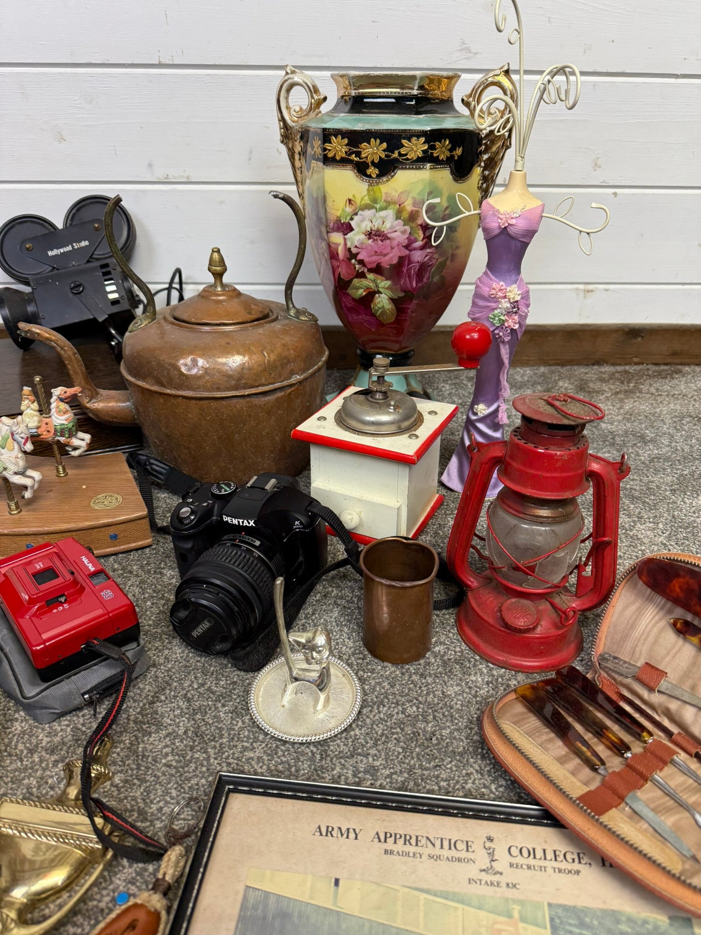 Vintage Job Lot Copper Kettle Lamp Frames Cameras Vase Home Decor Prop