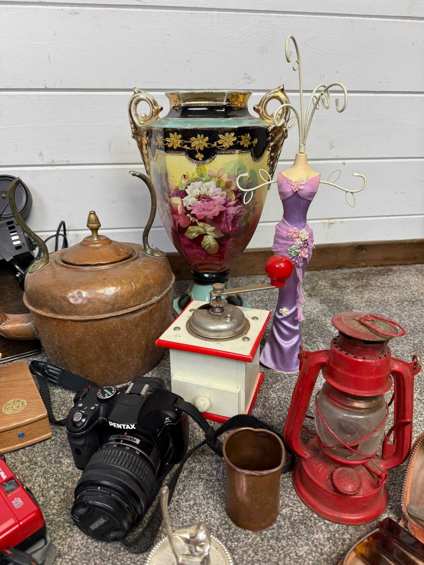 Vintage Job Lot Copper Kettle Lamp Frames Cameras Vase Home Decor Prop