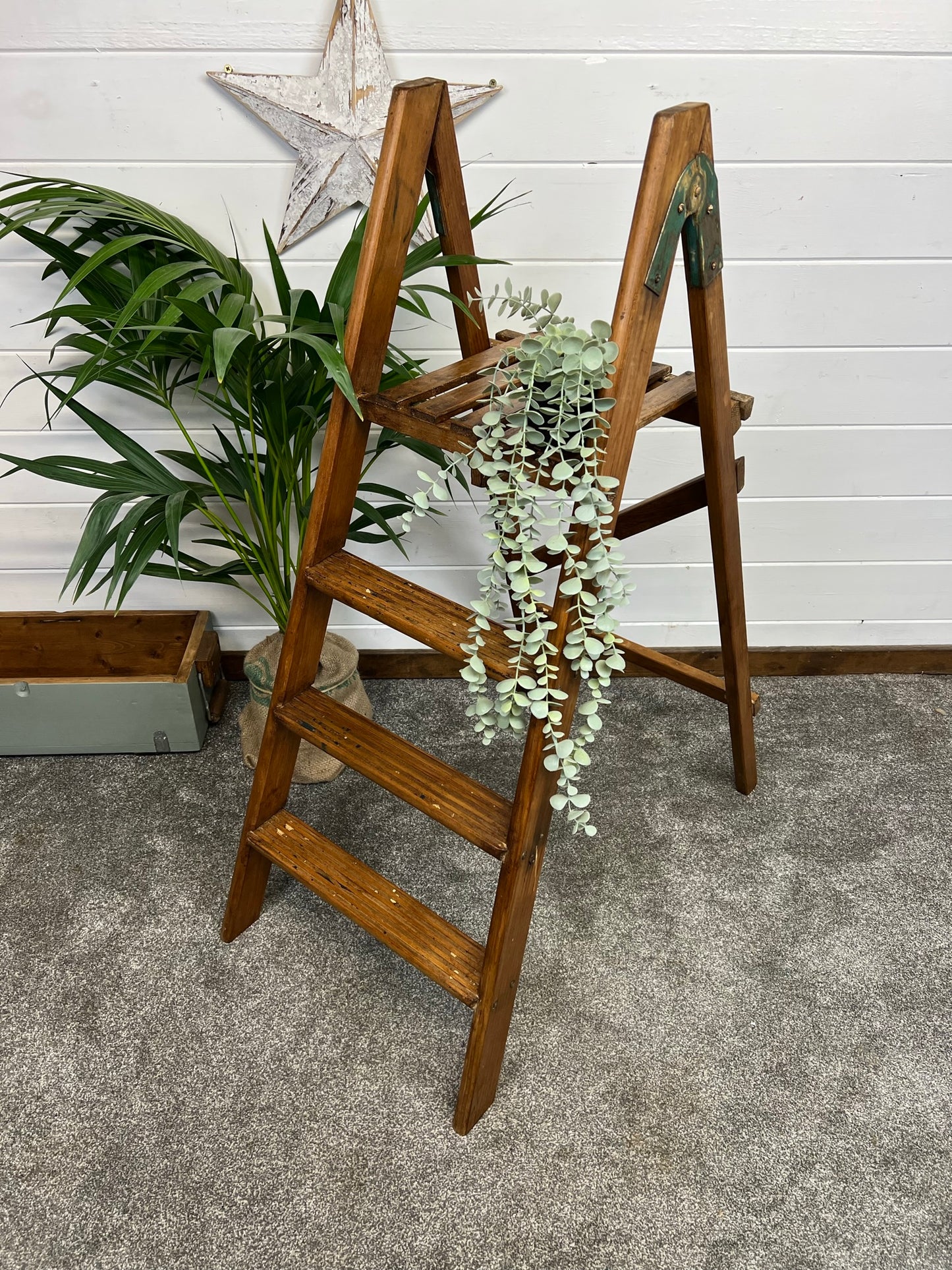 Vintage Wooden Decorative Ladder Reclaimed Waxed Wood Steps Rustic Farmhouse