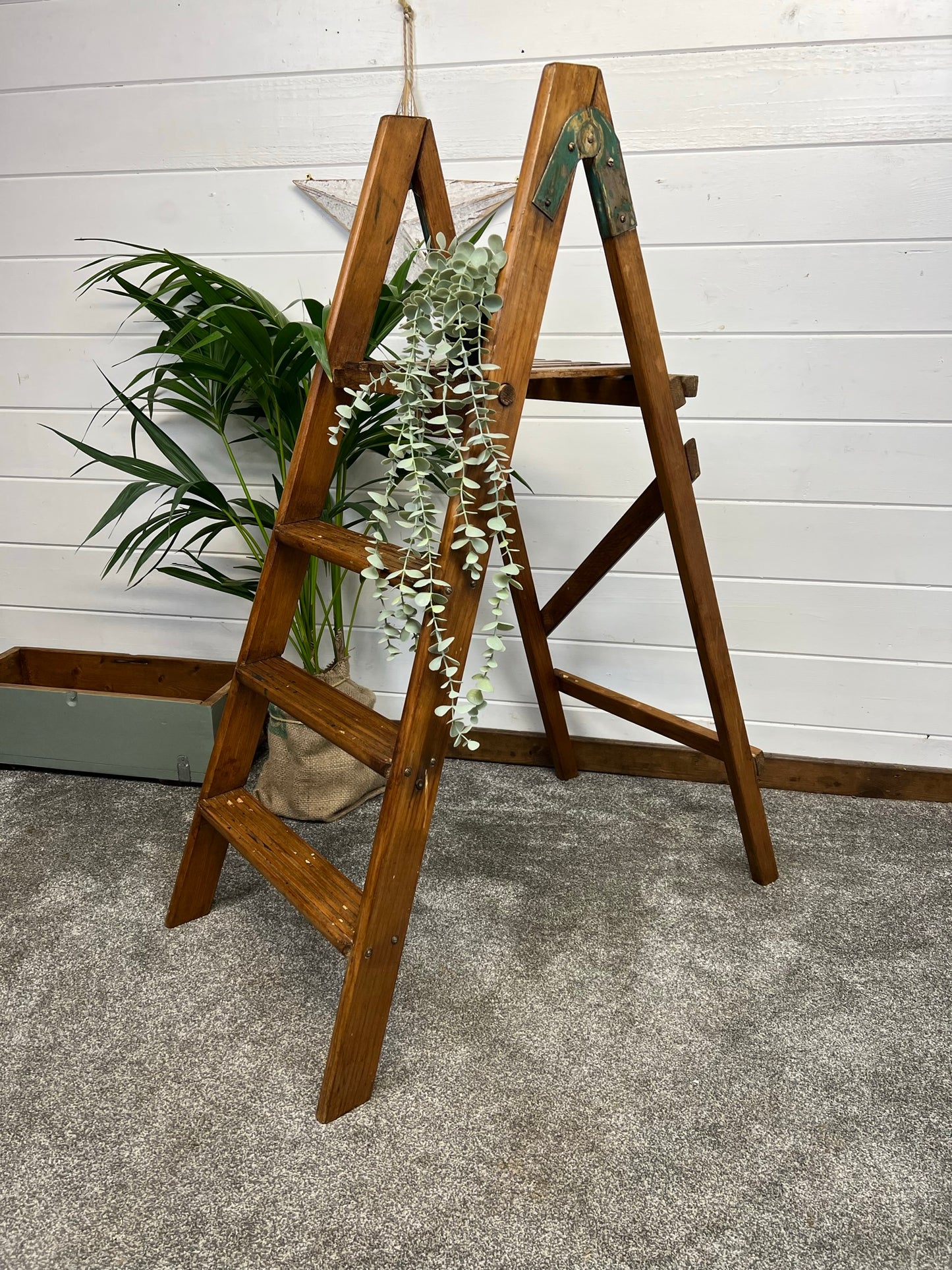 Vintage Wooden Decorative Ladder Reclaimed Waxed Wood Steps Rustic Farmhouse