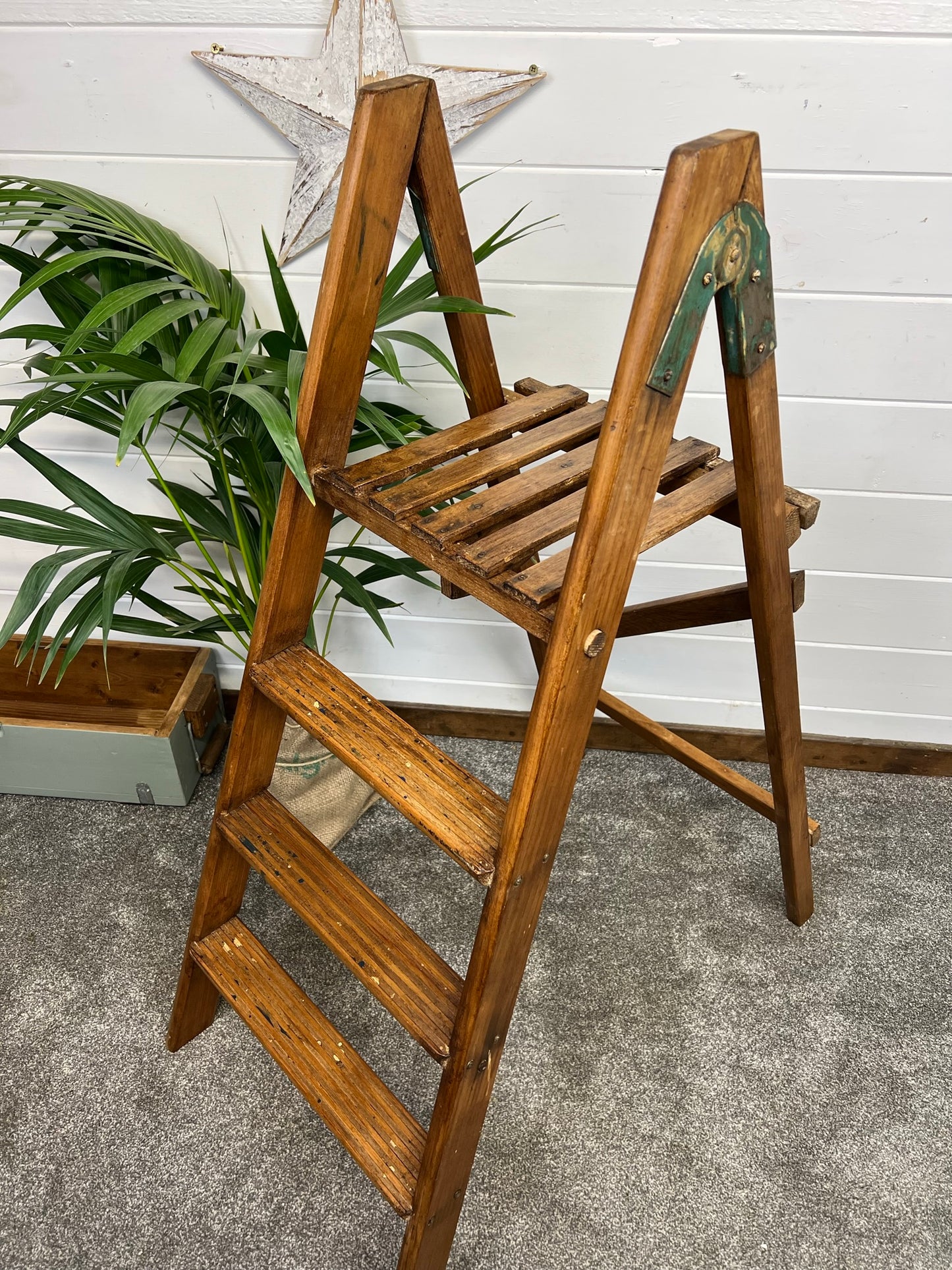 Vintage Wooden Decorative Ladder Reclaimed Waxed Wood Steps Rustic Farmhouse