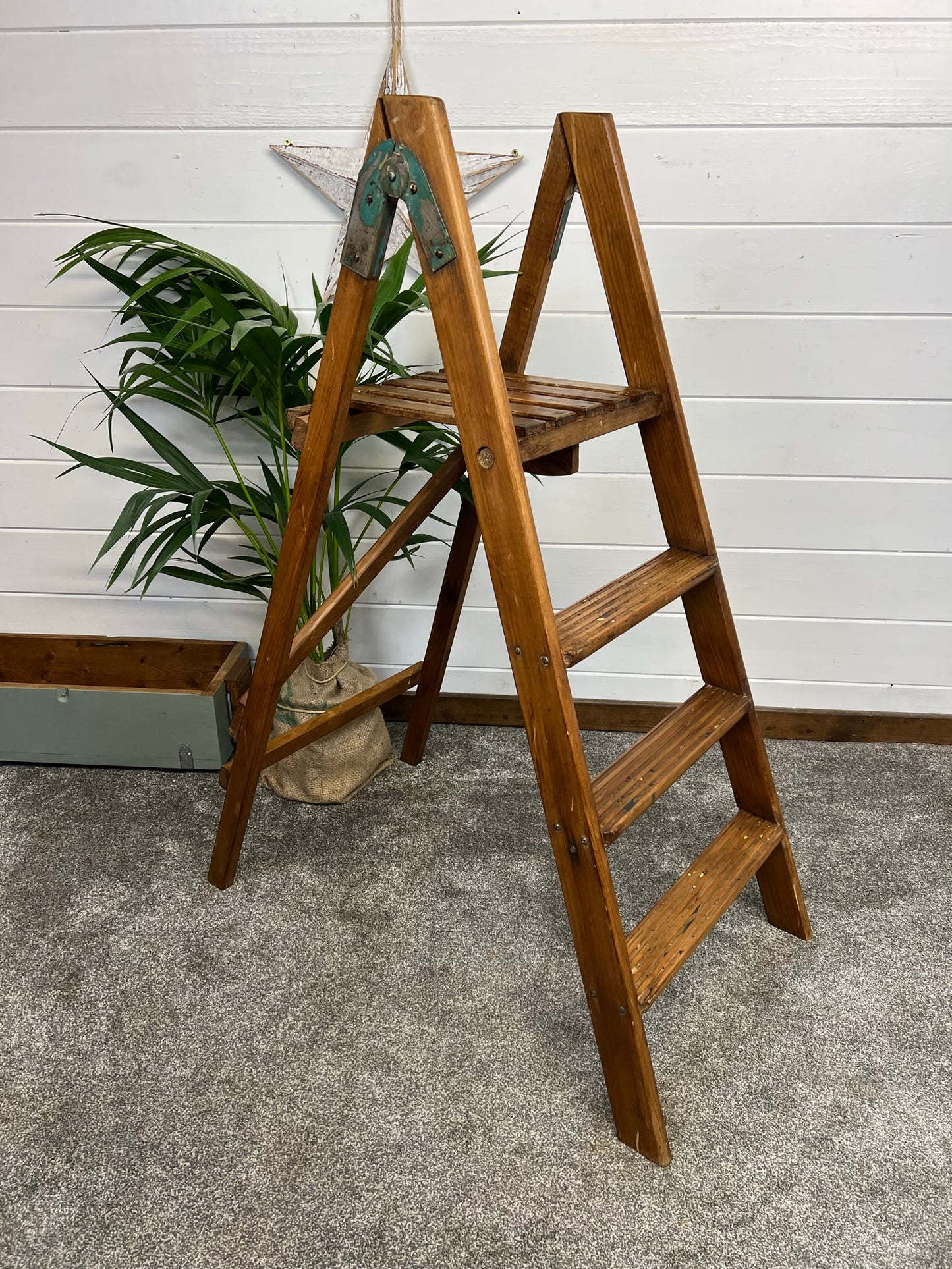 Vintage Wooden Decorative Ladder Reclaimed Waxed Wood Steps Rustic Farmhouse