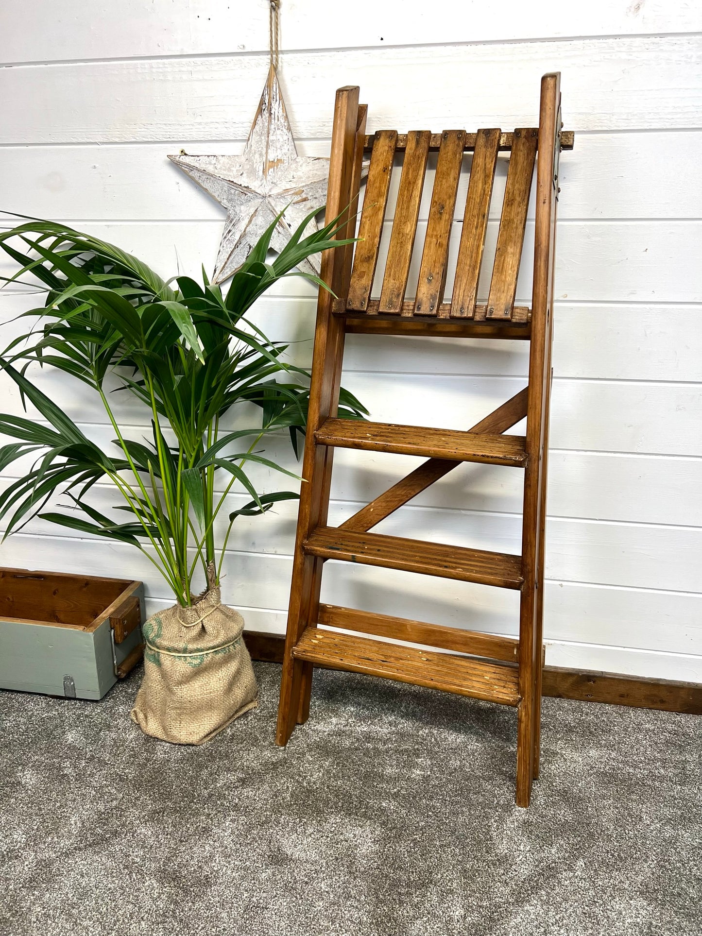 Vintage Wooden Decorative Ladder Reclaimed Waxed Wood Steps Rustic Farmhouse