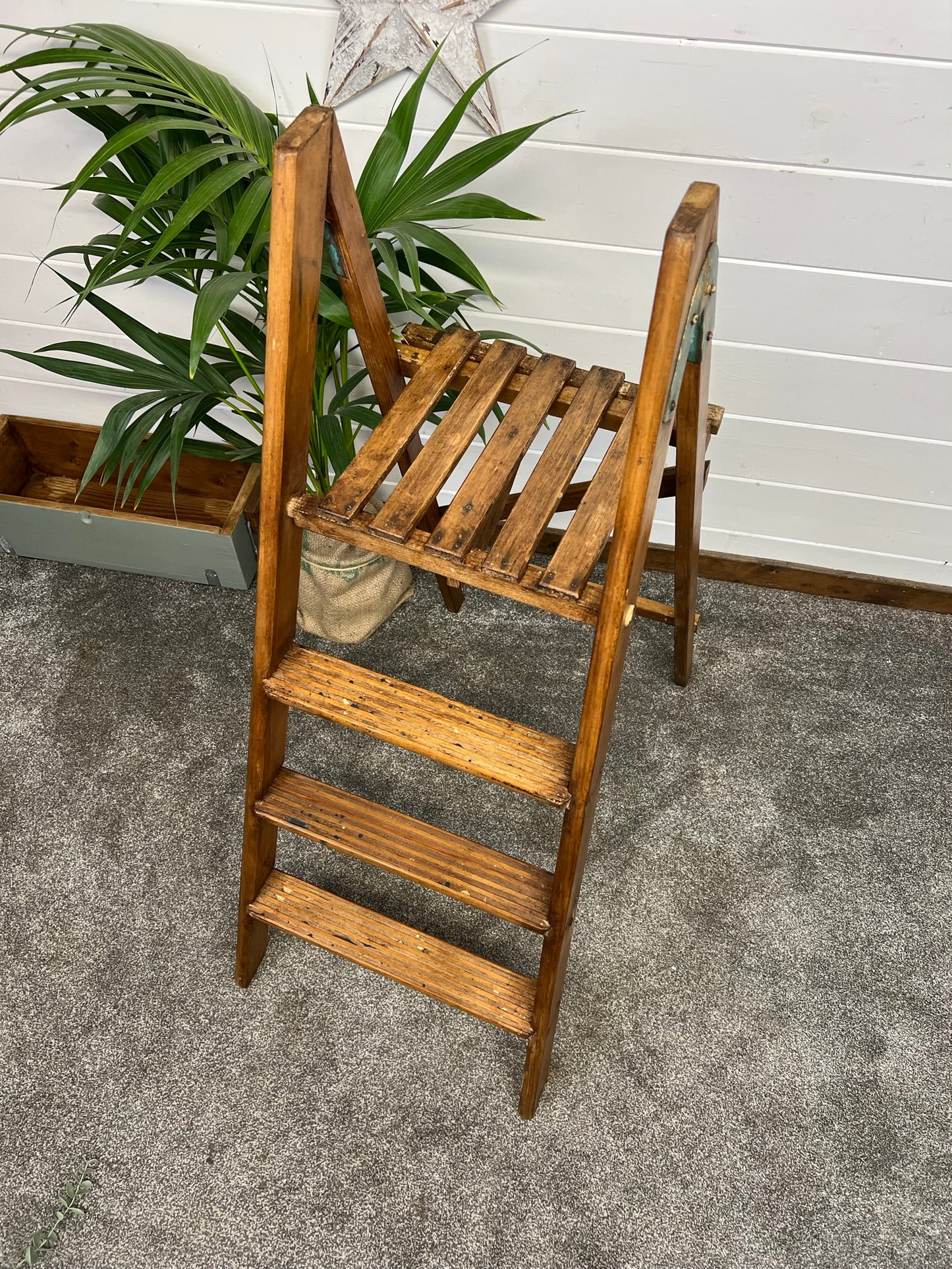 Vintage Wooden Decorative Ladder Reclaimed Waxed Wood Steps Rustic Farmhouse