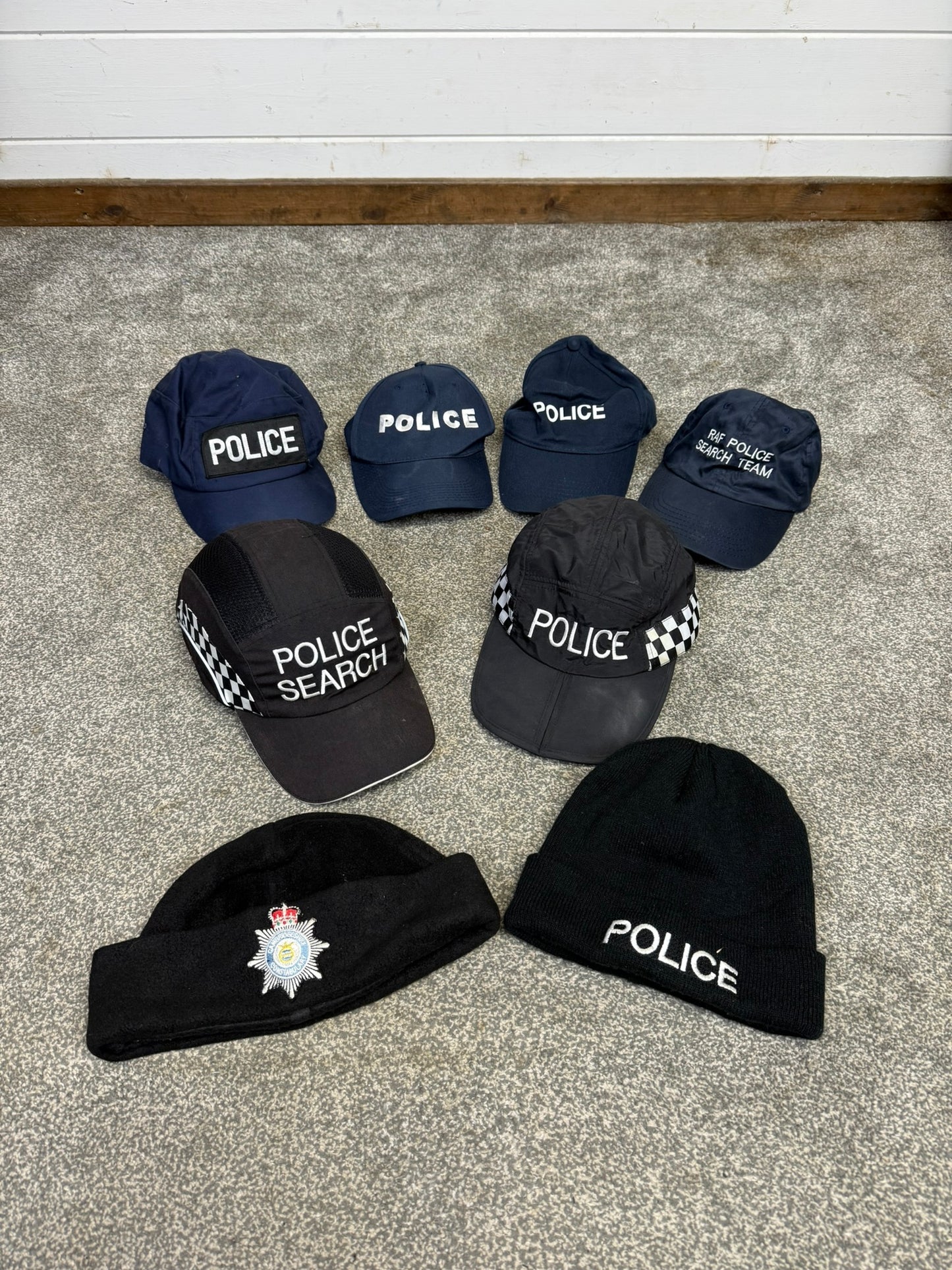 8x Ex Police Baseball Caps & Beanie Hat Job Lot Theatre Headwear Uniform Film Prop Lot