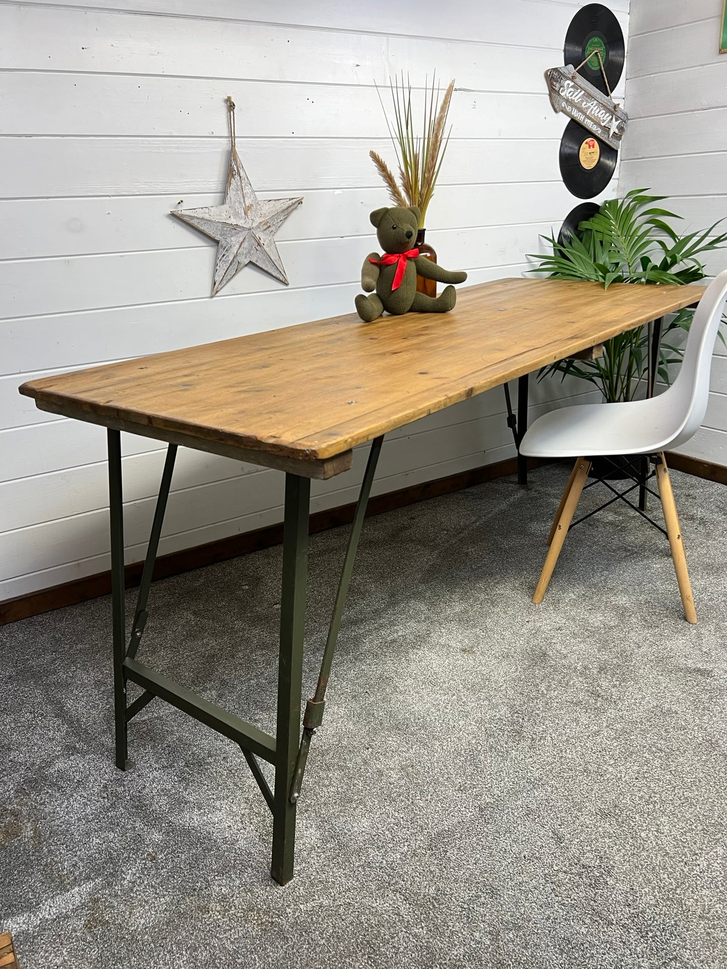 Vintage Wooden Folding Trestle Table Rustic Industrial Farmhouse Dining Desk Catering Market