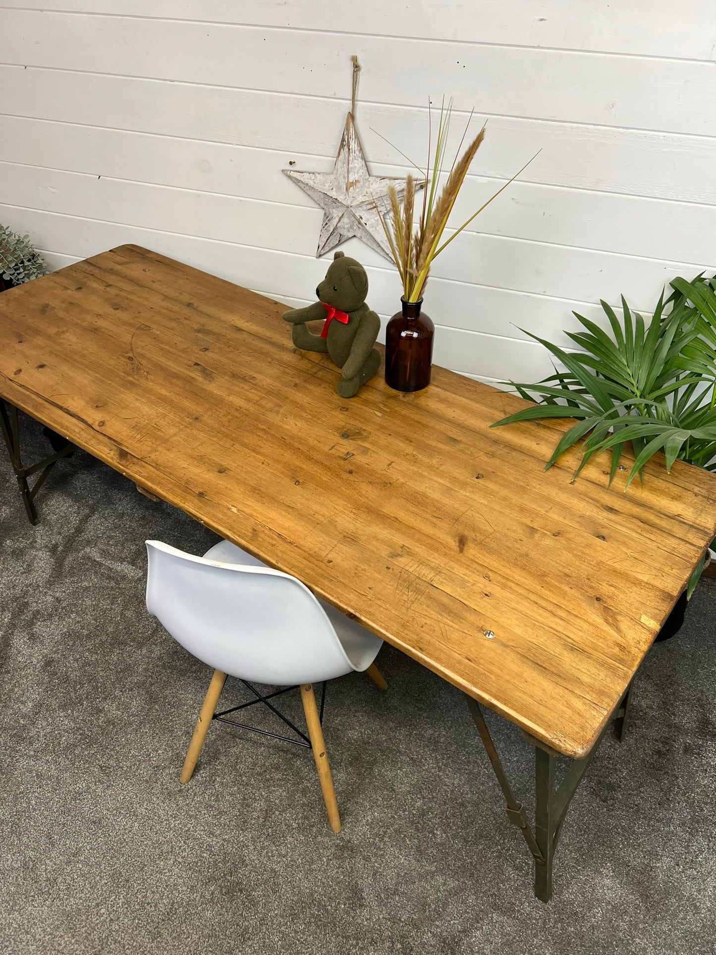 Vintage Wooden Folding Trestle Table Rustic Industrial Farmhouse Dining Desk Catering Market