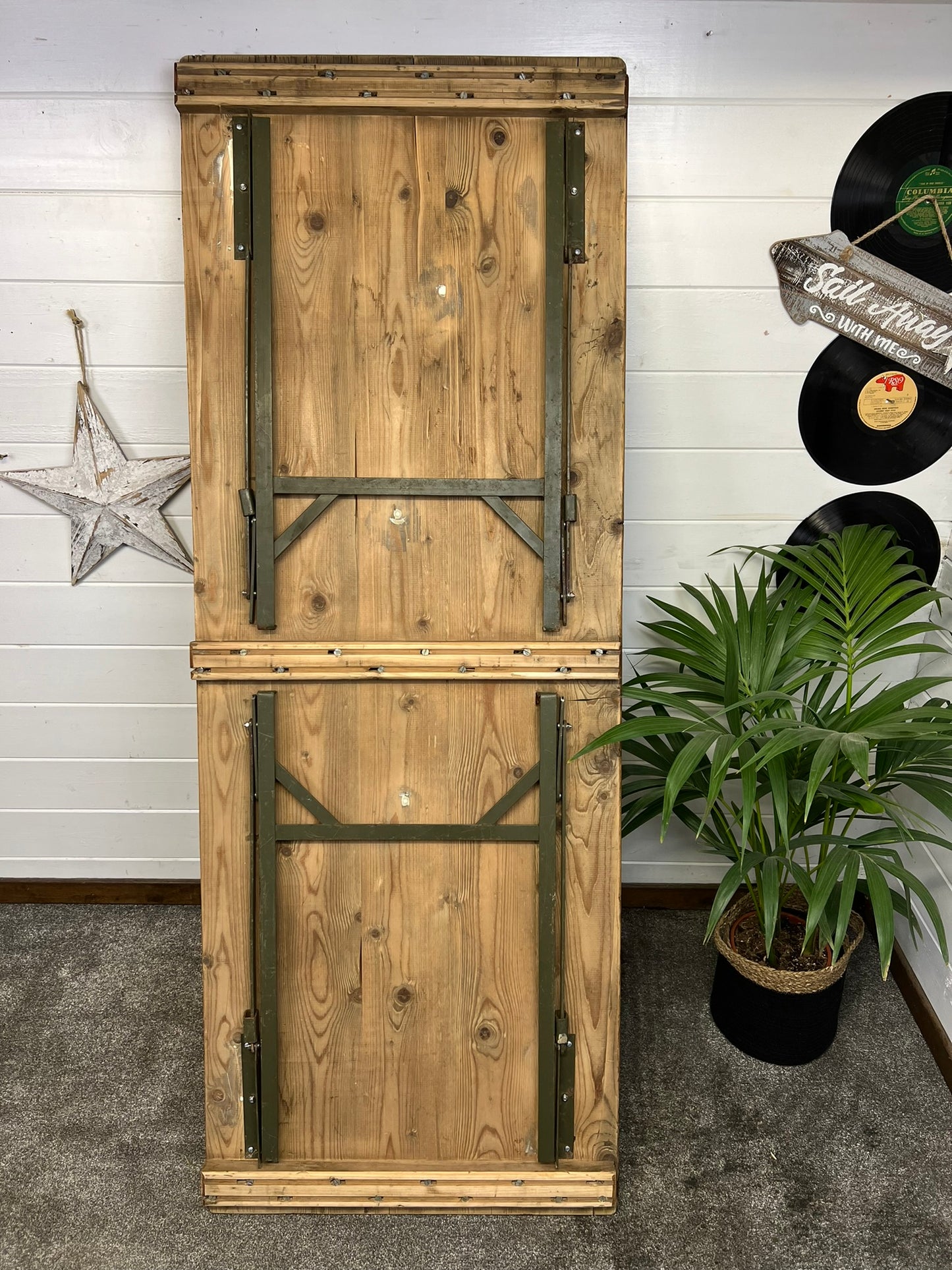 Vintage Wooden Folding Trestle Table Rustic Interior Reclaimed Waxed Farmhouse Dining Table