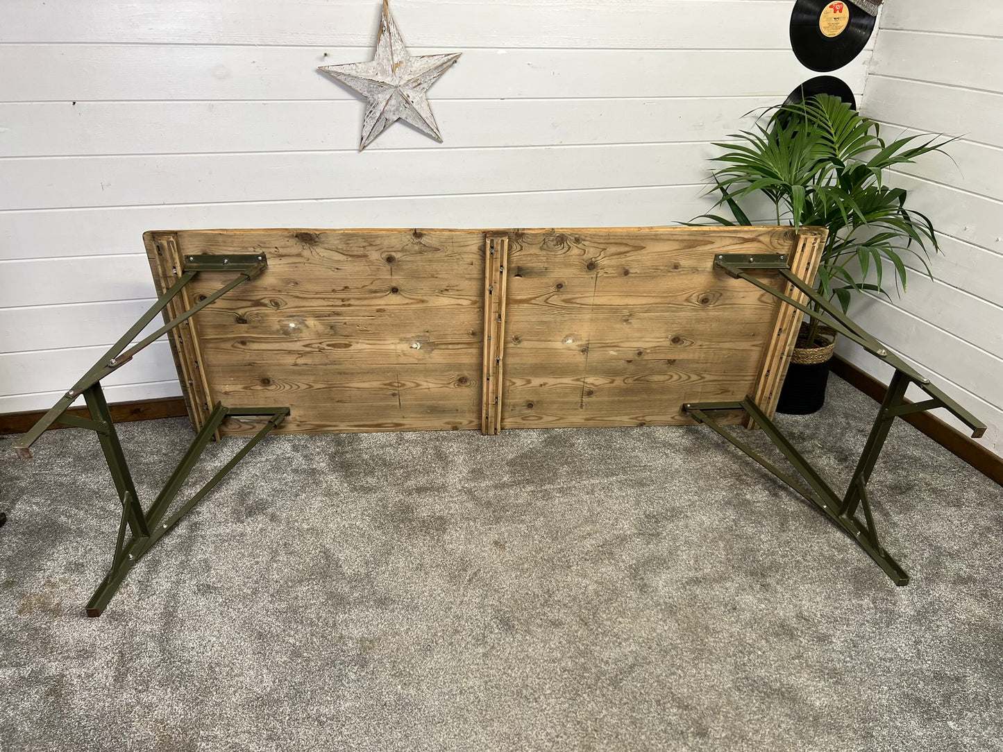 Vintage Wooden Folding Trestle Table Rustic Interior Reclaimed Waxed Farmhouse Dining Table