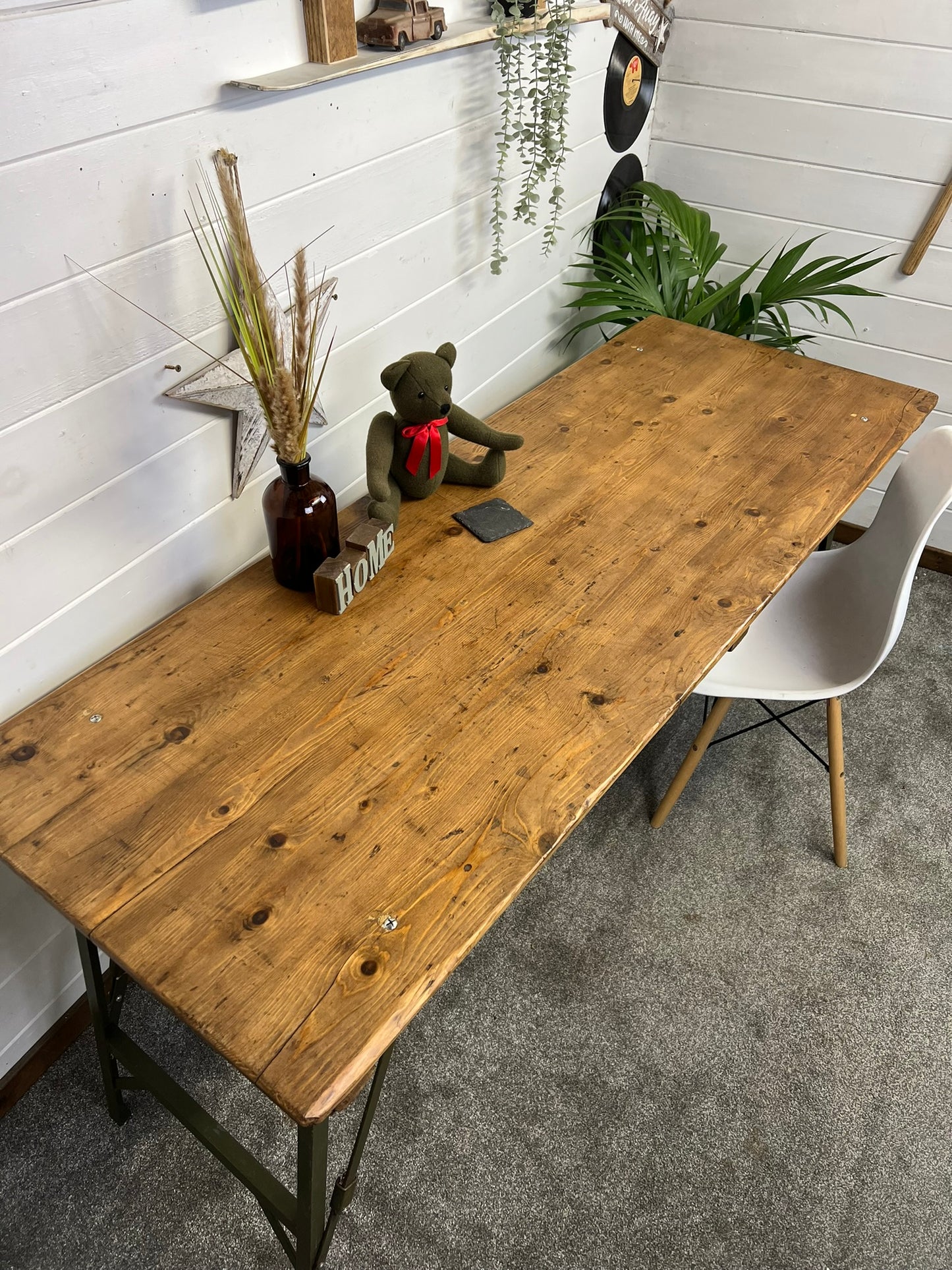 Vintage Wooden Folding Trestle Table Rustic Interior Reclaimed Waxed Farmhouse Dining Table