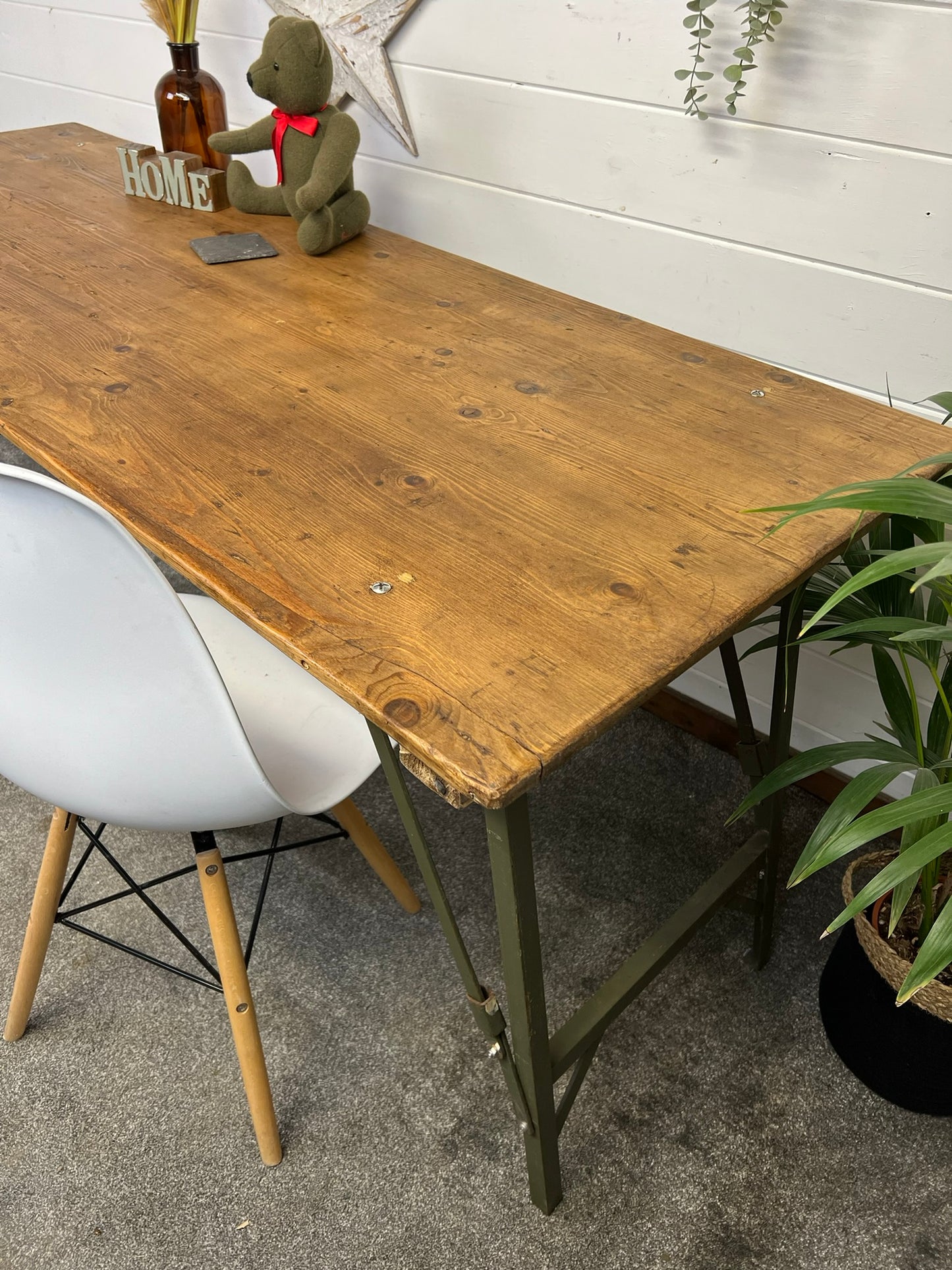 Vintage Wooden Folding Trestle Table Rustic Interior Reclaimed Waxed Farmhouse Dining Table