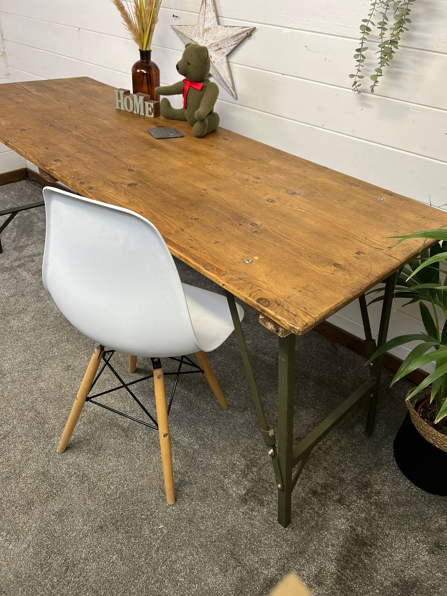 Vintage Wooden Folding Trestle Table Rustic Interior Reclaimed Waxed Farmhouse Dining Table