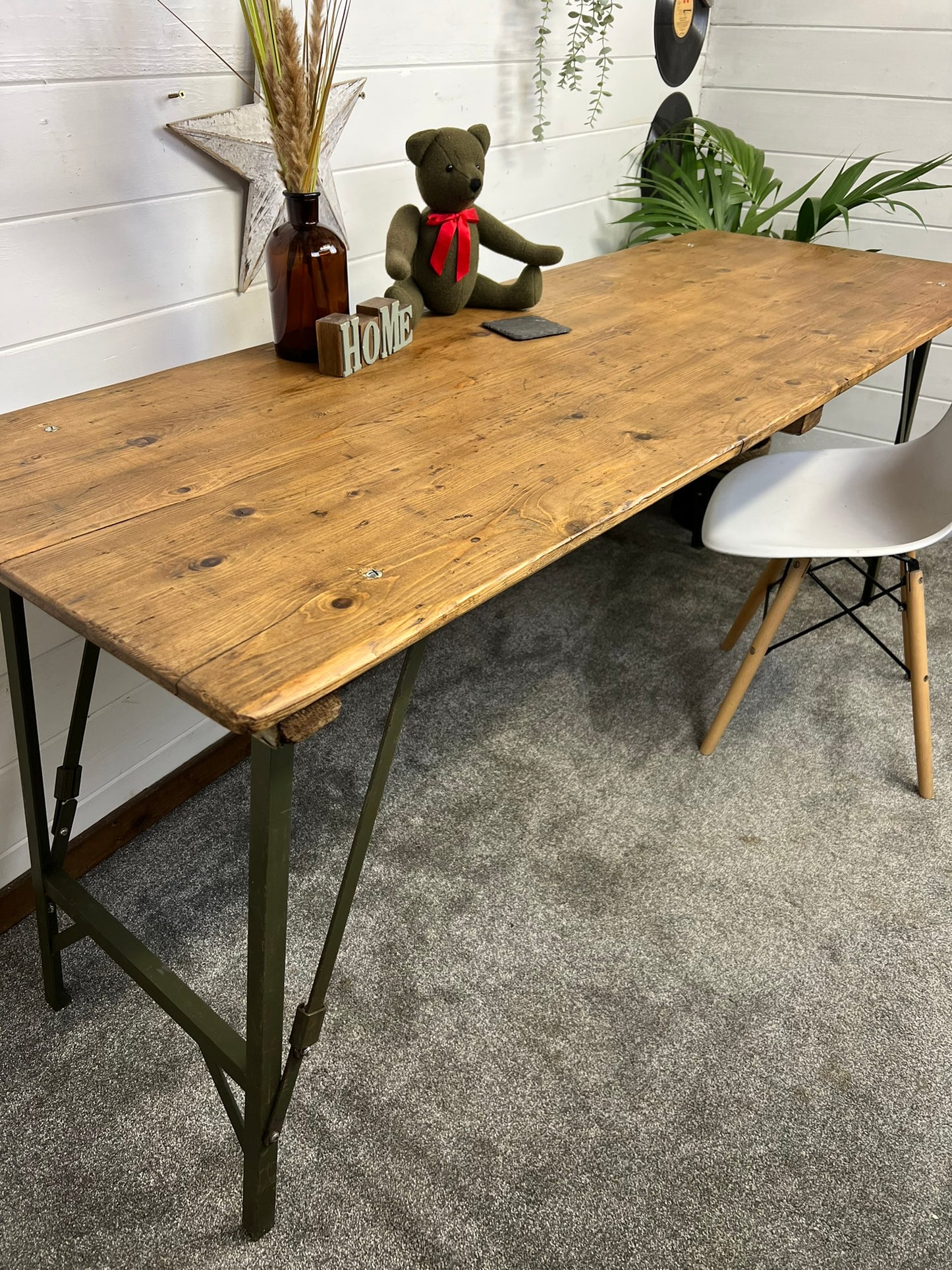 Vintage Wooden Folding Trestle Table Rustic Interior Reclaimed Waxed Farmhouse Dining Table