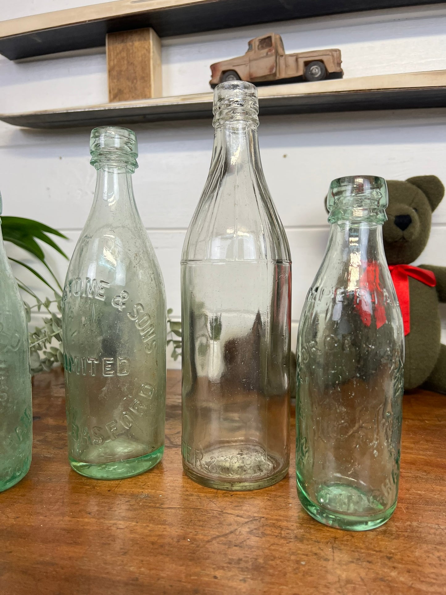 4x Vintage Clear Glass Bottles Home Decor Rustic Industrial Shelf Decor Display