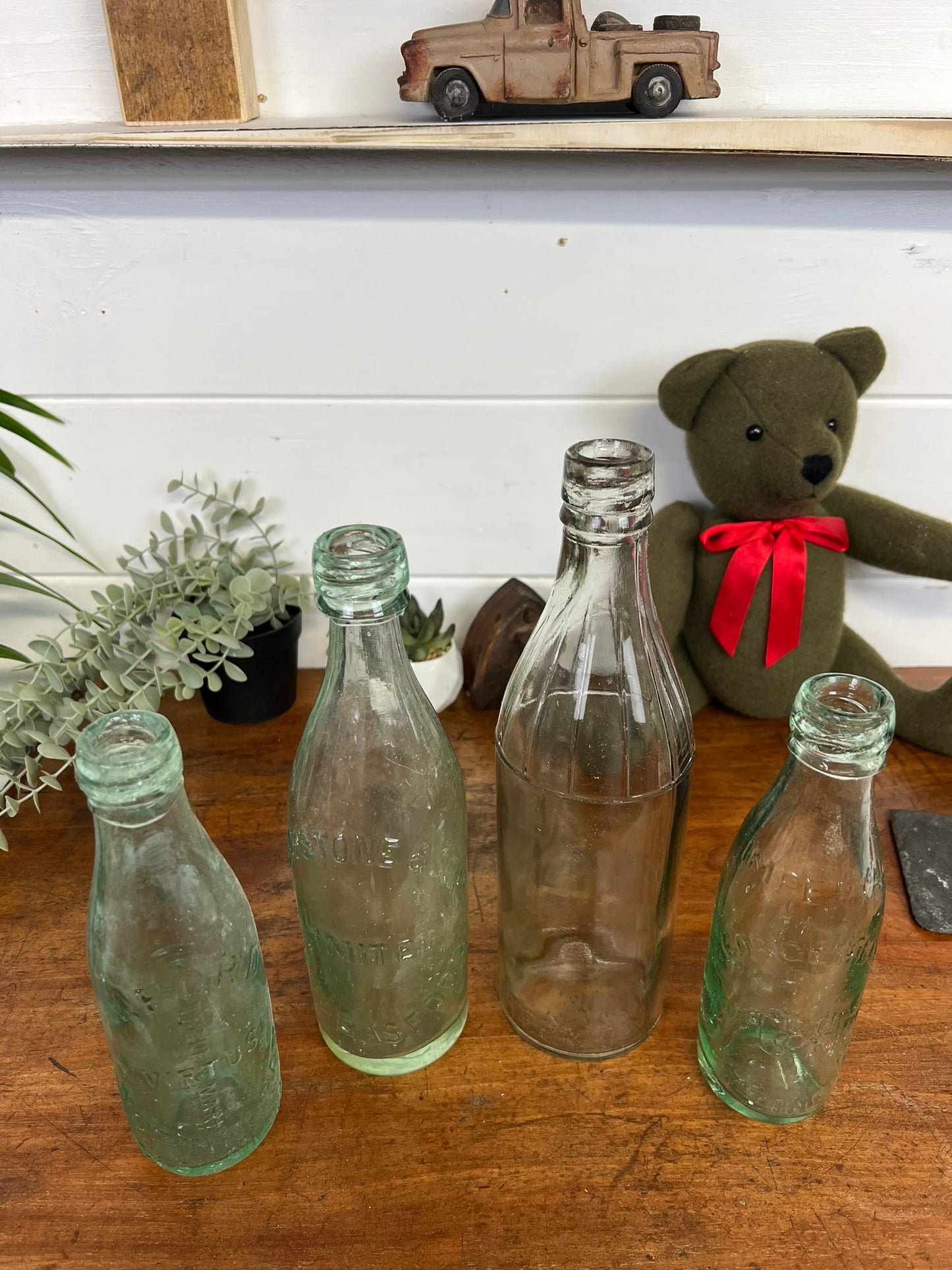 4x Vintage Clear Glass Bottles Home Decor Rustic Industrial Shelf Decor Display