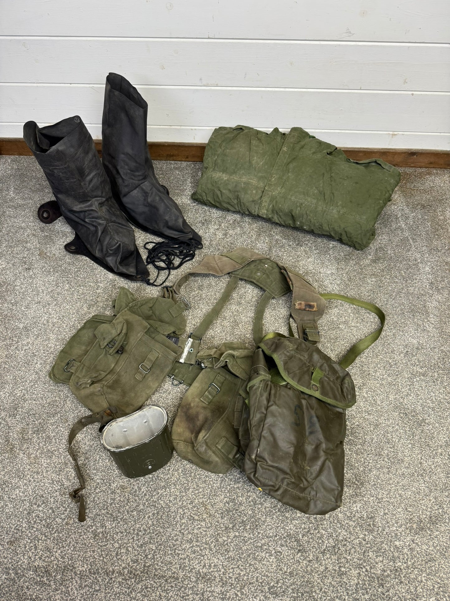 Vintage British Army 58 Pattern Webbing Chemical Rubber Boots & Jacket