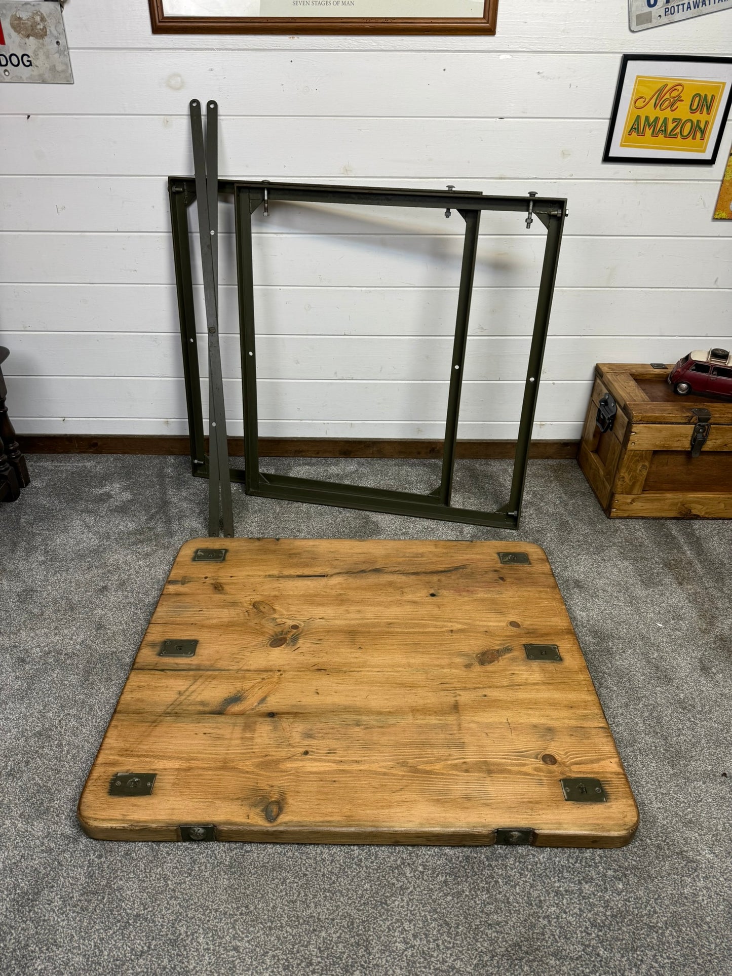 Vintage Rustic Industrial Square Table Reclaimed Metal Legs Workbench Console Island Table