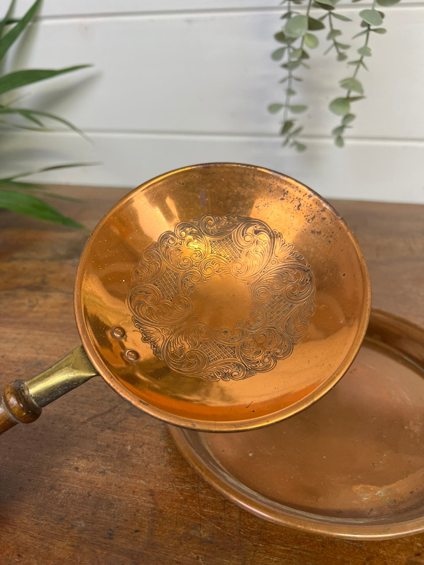 Vintage Copper Ladle Spoon Made In England & Copper Plate Antique Interior Decor