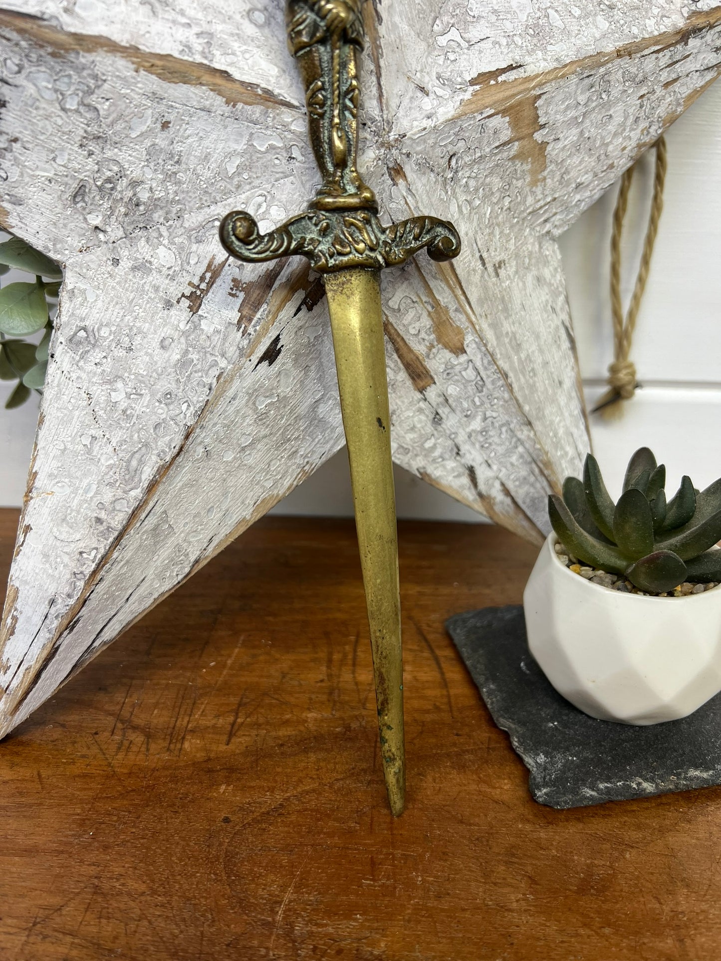 Vintage Brass Letter Opener Knight In Armour Holding Sword Office Desk Art Decor