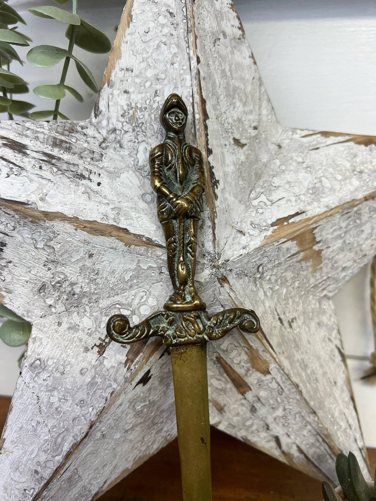 Vintage Brass Letter Opener Knight In Armour Holding Sword Office Desk Art Decor