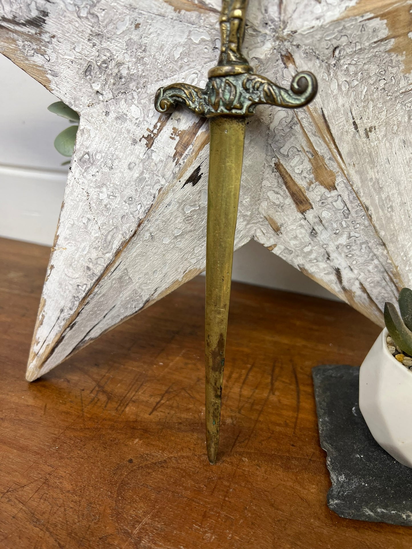 Vintage Brass Letter Opener Knight In Armour Holding Sword Office Desk Art Decor