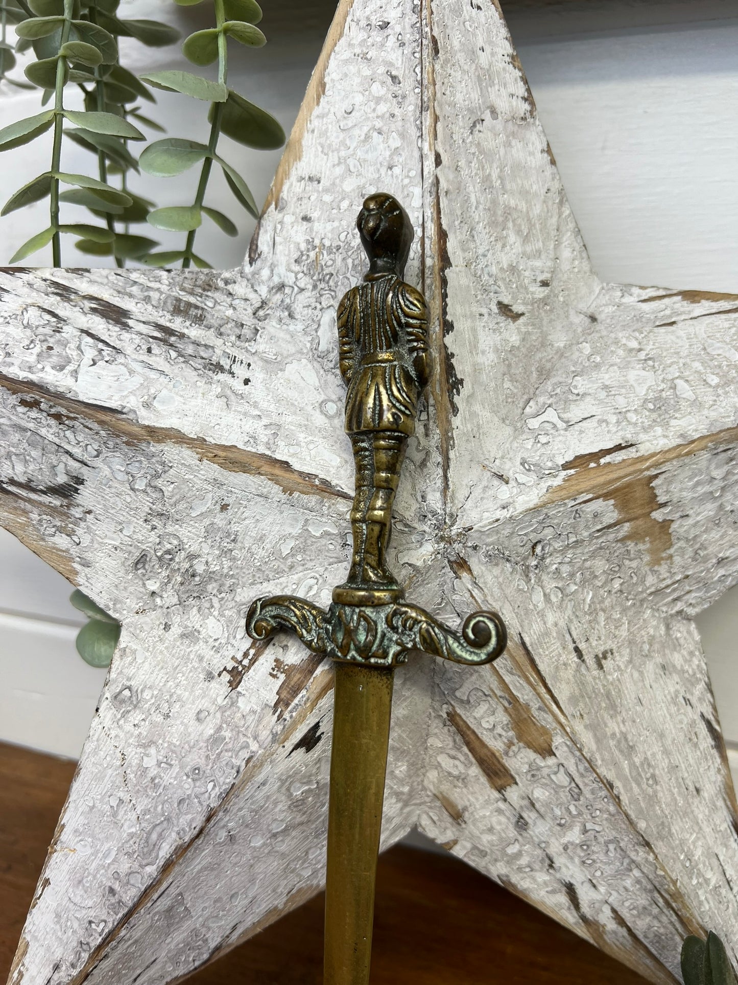 Vintage Brass Letter Opener Knight In Armour Holding Sword Office Desk Art Decor