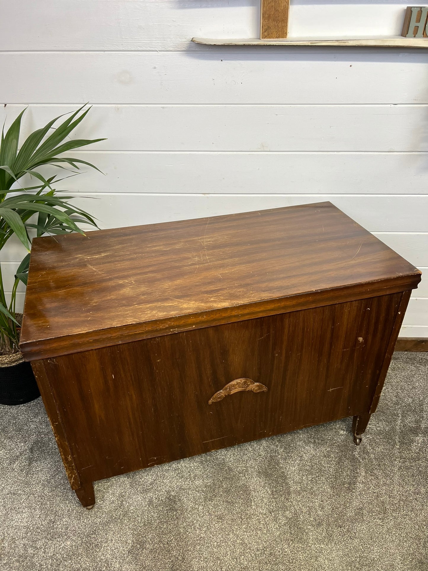 Large Antique Wooden Storage Blanket Chest Box Vintage Ottoman Art Deco