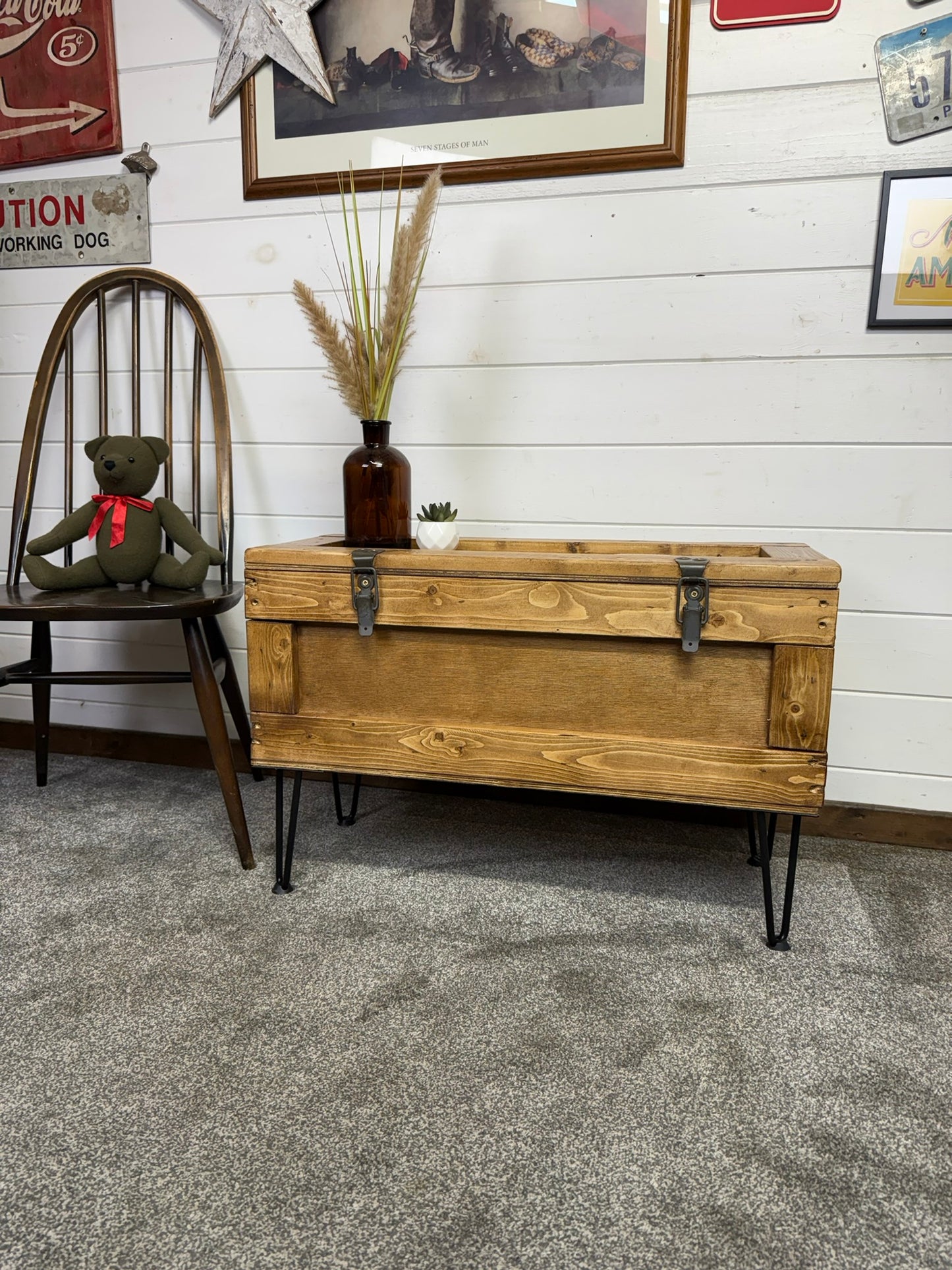Large Wooden Chest Box Table Metal Legs Blanket Storage Rustic Home Industrial Deco