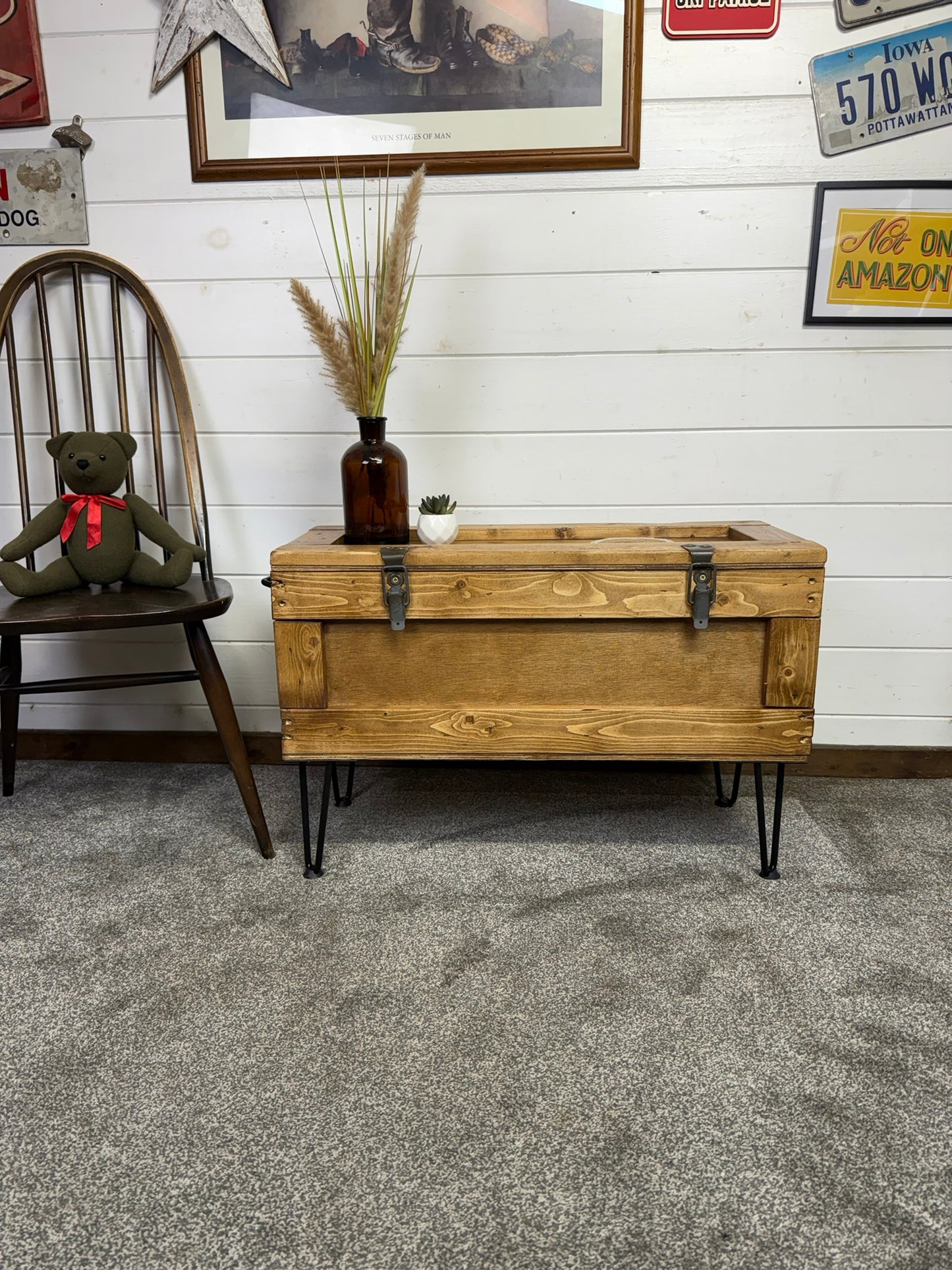 Large Wooden Chest Box Table Metal Legs Blanket Storage Rustic Home Industrial Deco