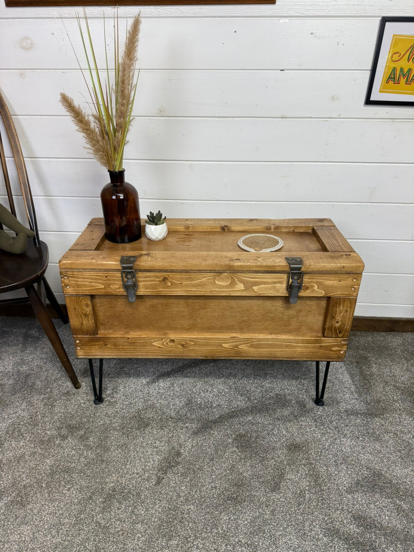 Large Wooden Chest Box Table Metal Legs Blanket Storage Rustic Home Industrial Deco