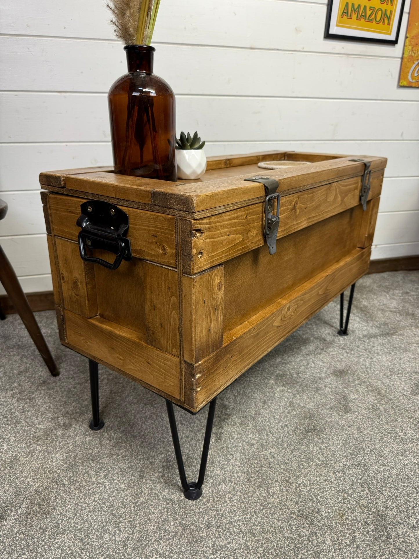 Large Wooden Chest Box Table Metal Legs Blanket Storage Rustic Home Industrial Deco