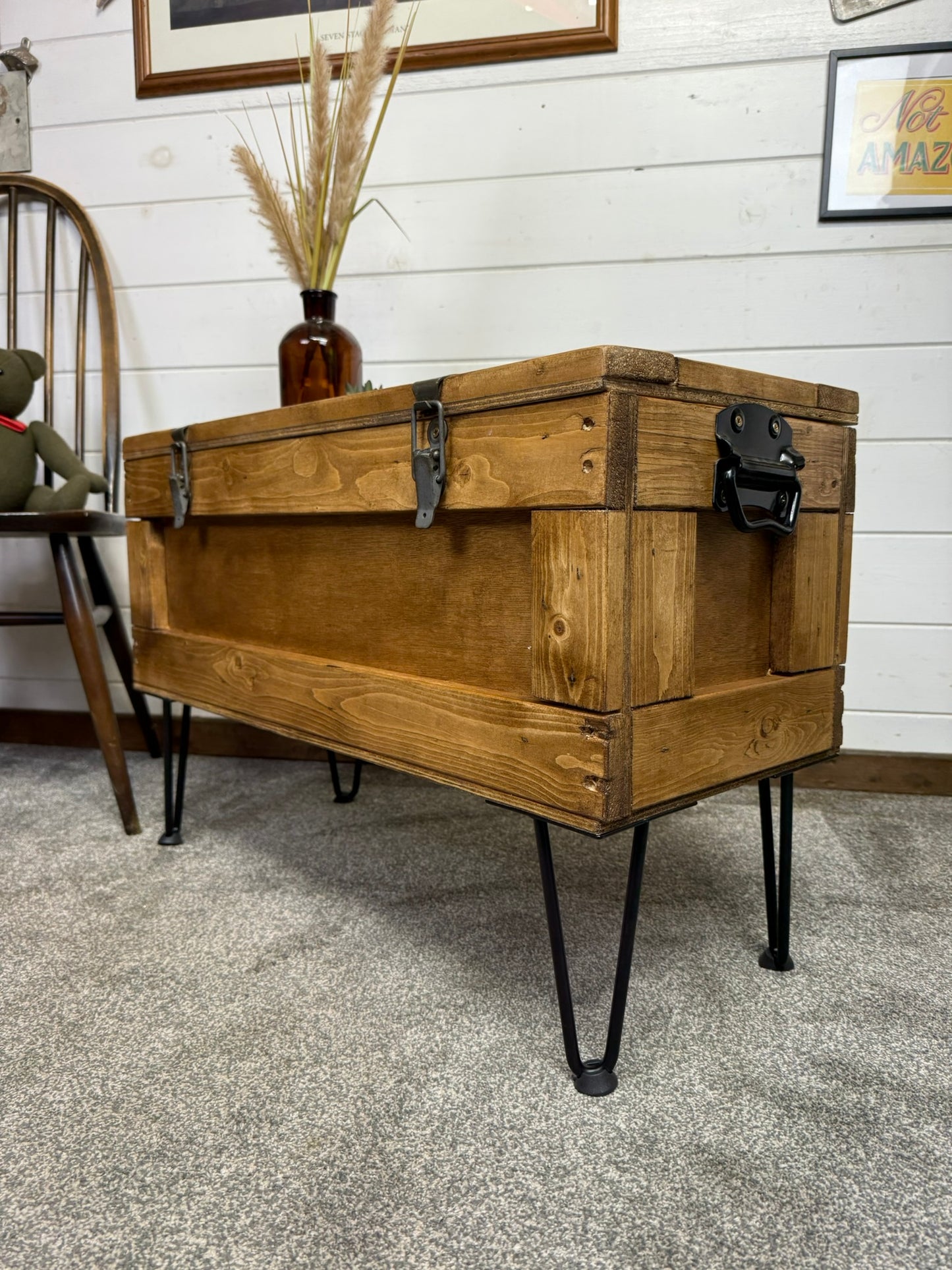 Large Wooden Chest Box Table Metal Legs Blanket Storage Rustic Home Industrial Deco