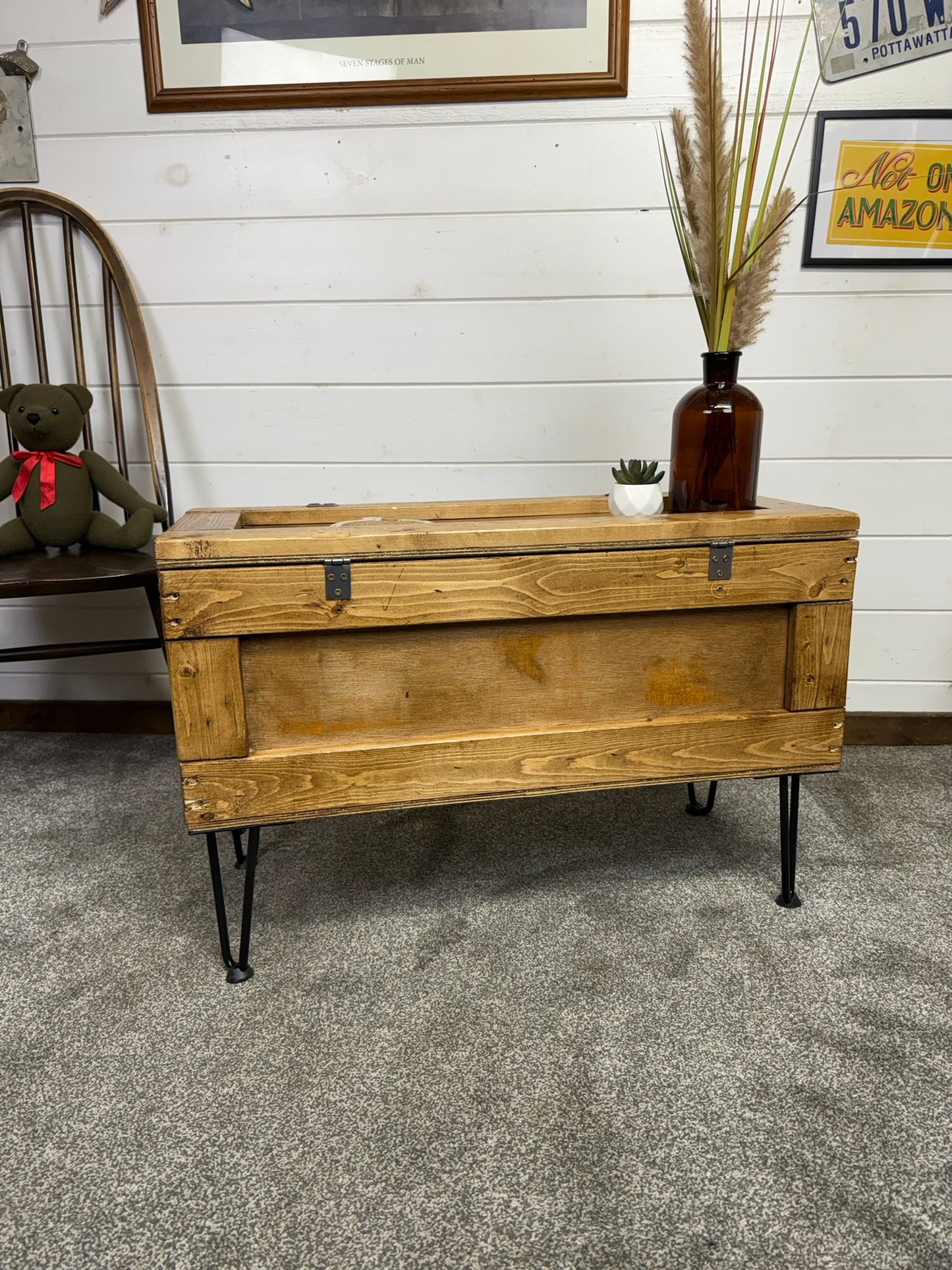 Large Wooden Chest Box Table Metal Legs Blanket Storage Rustic Home Industrial Deco