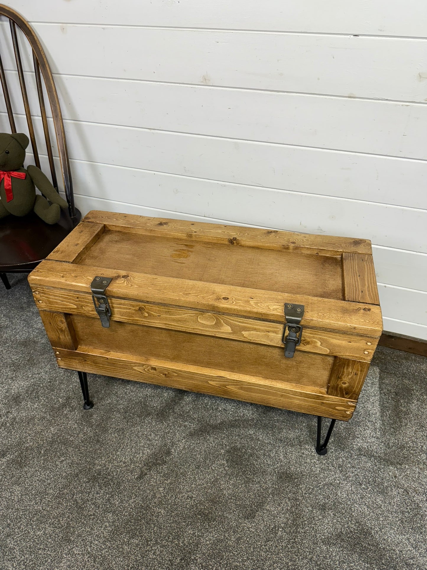 Large Wooden Chest Box Table Metal Legs Blanket Storage Rustic Home Industrial Deco